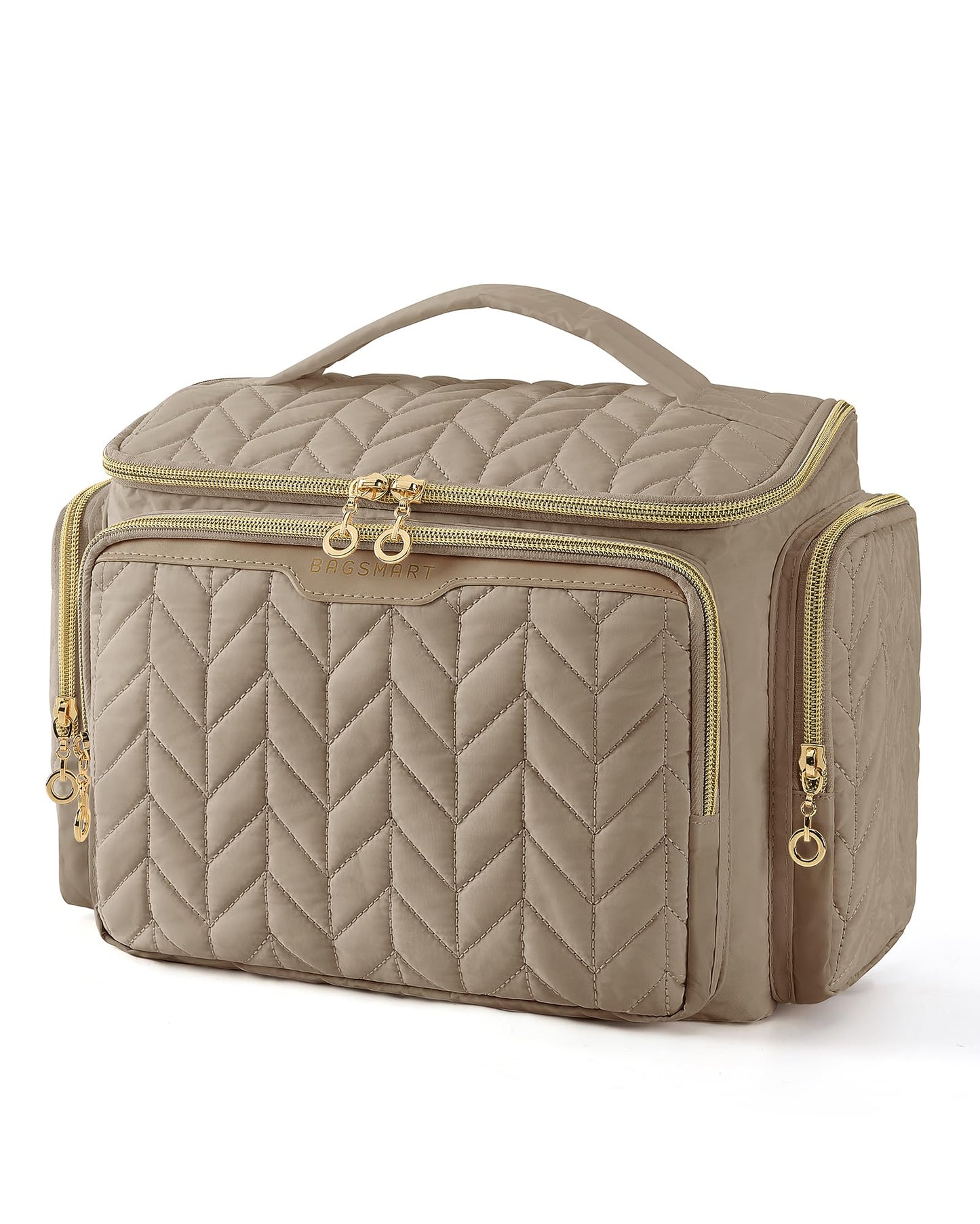 BAGSMART Travel Toiletry Bag, Large Wide-open Travel Bag for Toiletries, Makeup Cosmetic Travel Bag with Handle-Camel