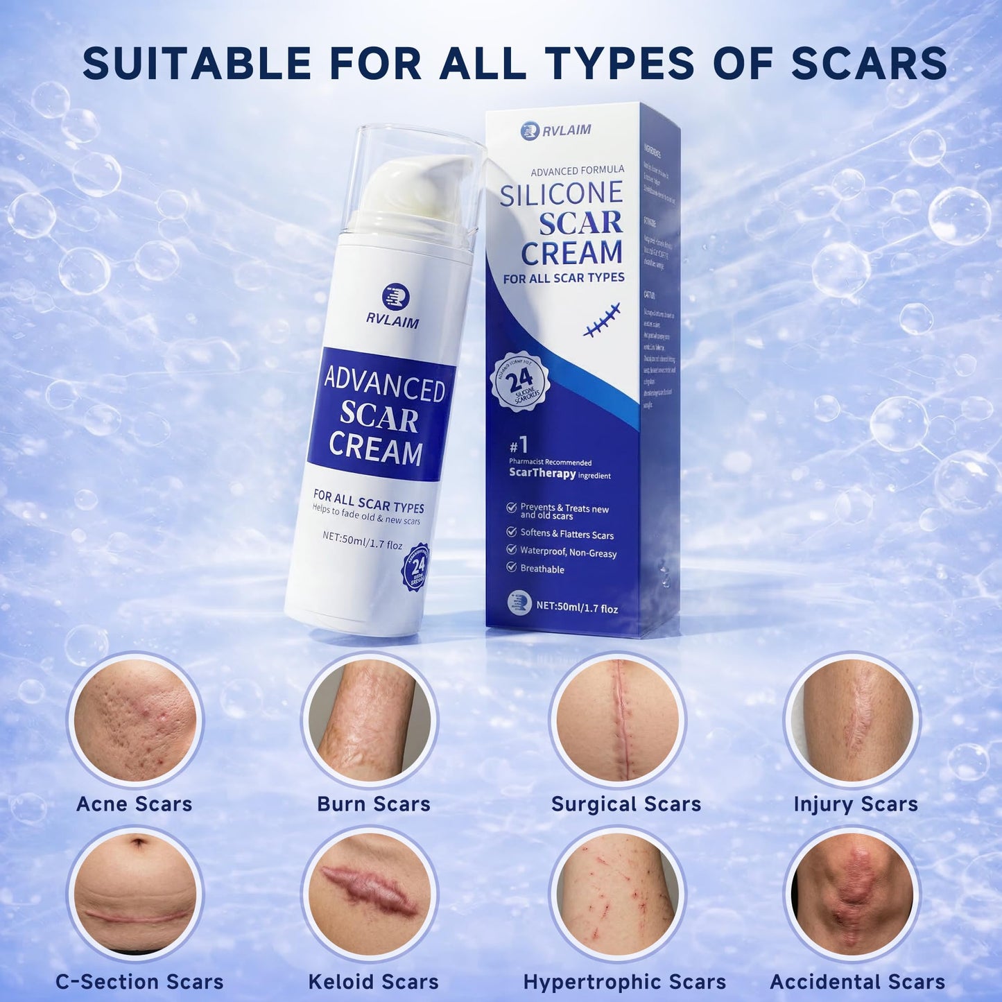 Rvlaim Silicone Scar Cream, Advanced Scar Removal Gel for Old & New Scars, Improves Color & Texture for Post-Surgery, C-Section & Acne Scars, Fast-Drying Non-Greasy Formula, 1.7 fl oz