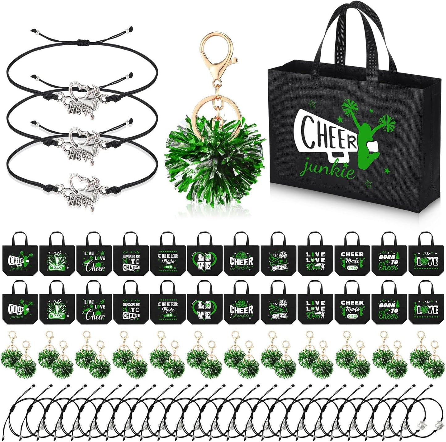 Cheerleading Gifts Set - 72 Pcs Green Cheer Bags, Pom Pom Keychains & Bracelets | Perfect for Female Teammates