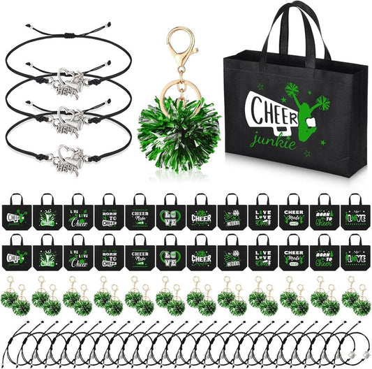 Cheerleading Gifts Set - 72 Pcs Green Cheer Bags, Pom Pom Keychains & Bracelets | Perfect for Female Teammates