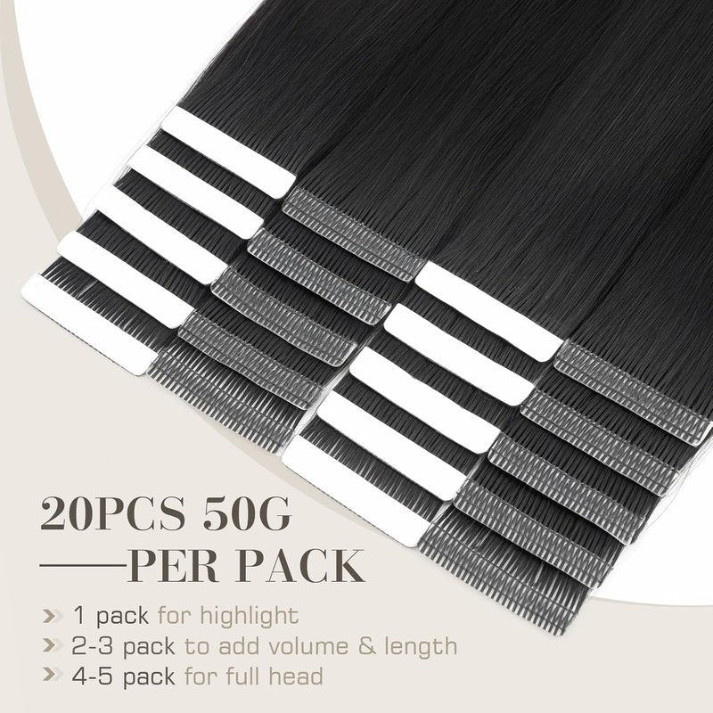 Tape In Hair Extensions - 20 Inch Human Hair - Seamless & Invisible | 50g, 20pcs - Jet Black