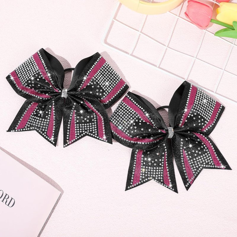 Large Glitter Cheer Bows - 6PCS Black & Pink Rhinestone Hair Bows for Cheerleaders | Stiff Design, 8-Inch