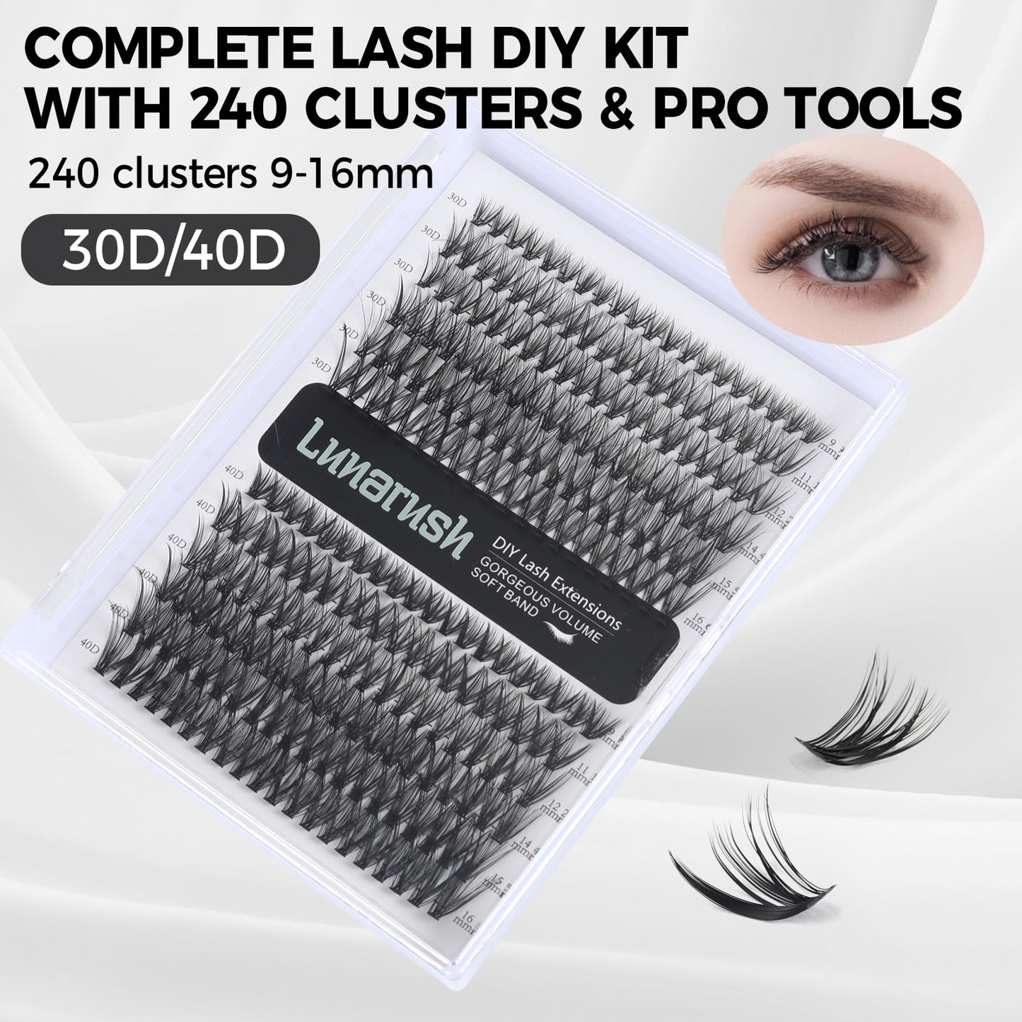 Lunarush Lash Extension Kit DIY 240pcs Lash Clusters Eyelash Extension Kit, 9-16mm 30D 40D Individual Lashes Kit,Lashes Lash Bond and Seal Tweezers(30D 40D KIT)