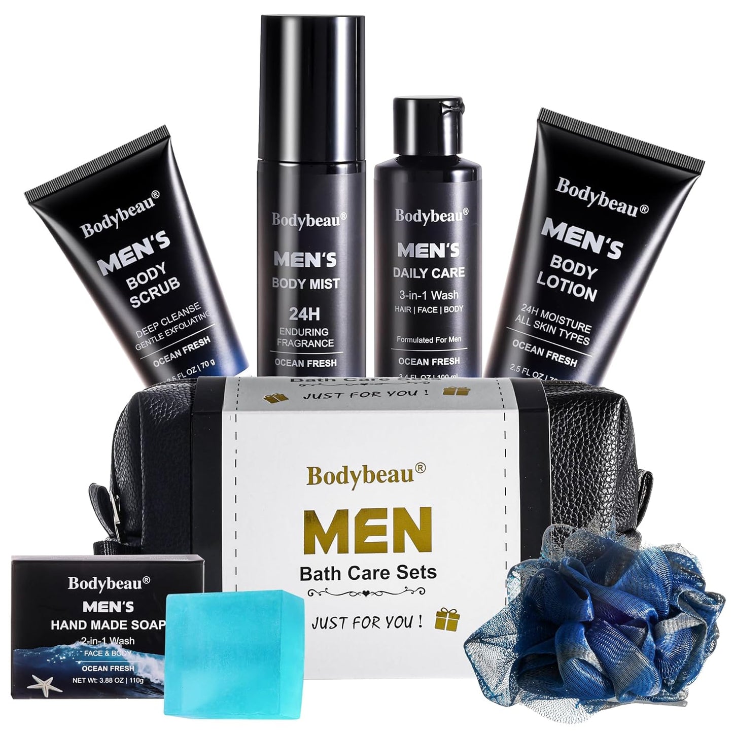Men's Bath and Body Spa Gift Set - 7-Piece Skin Care Collection with 3-in-1 Face Wash, Handmade Soap & Travel Bag | Perfect Gifts for Dad, Husband, Boyfriend