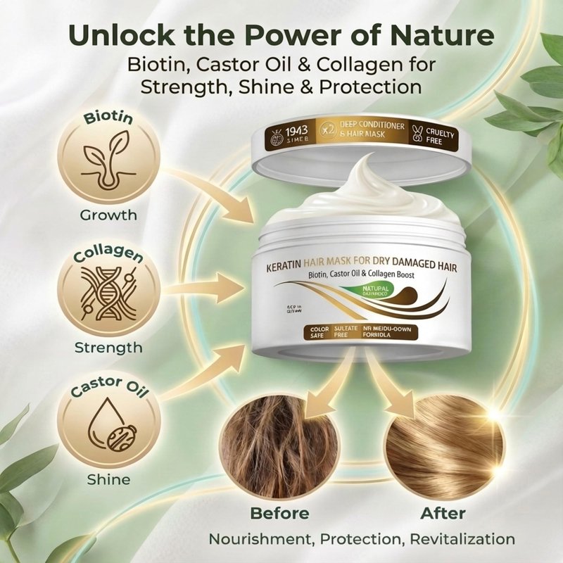 VITAMINS hair cosmetics Keratin Hair Mask - Protein Repair Keratin Treatment - Deep Conditioner for Dry, Damaged, Curly, Straight & Frizzy Hair with Biotin, Collagen & Castor Oil - 8.5 Fl Oz