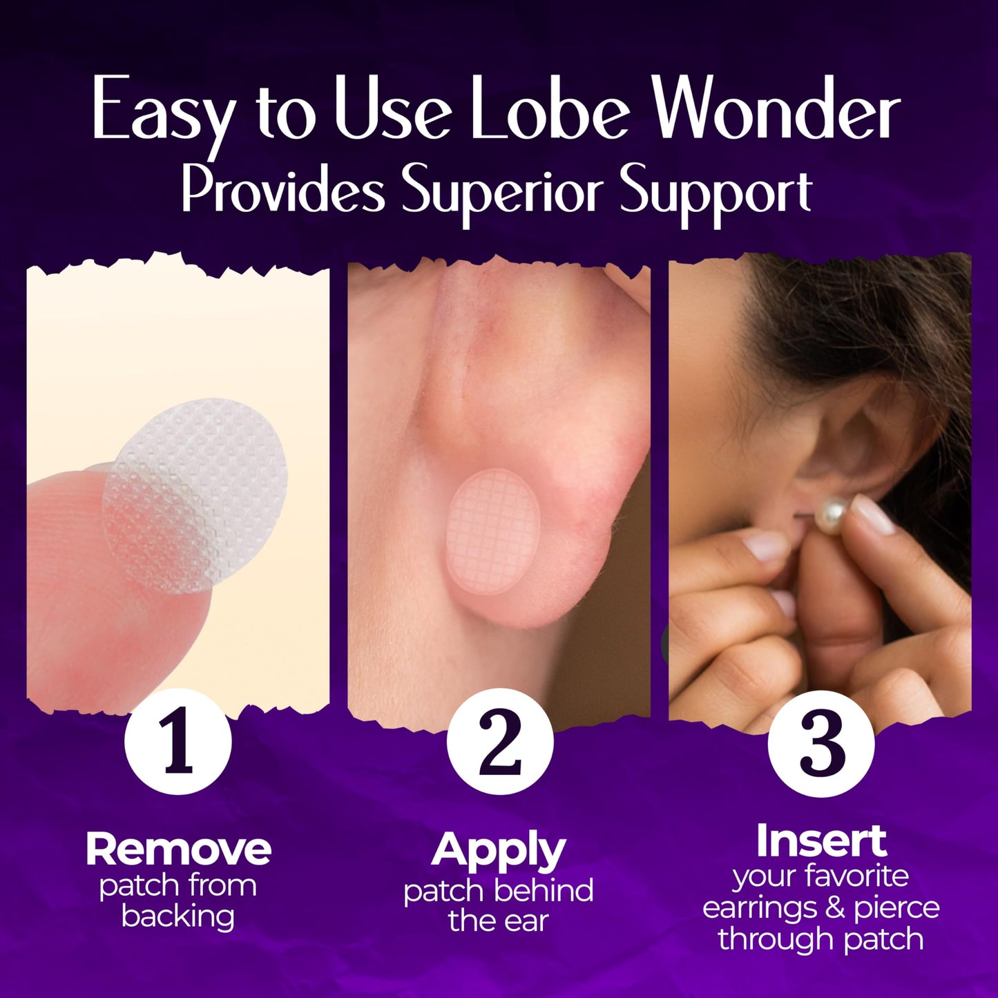 Lobe Wonder - The ORIGINAL Ear Lobe Support Patch for Pierced Ears - Eliminates the Look of Torn or Stretched Piercings - Protects Healthy Ear Lobes from Tearing - 360 Patches - Clear & Latex-Free