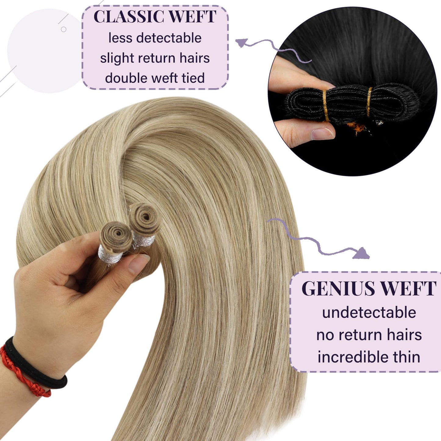 Fshine Real Human Hair Extensions Genius Weft Highlight Ash Blonde And Golden Blonde Sew in for Women 14 Inch 50g Weave Remy Natural