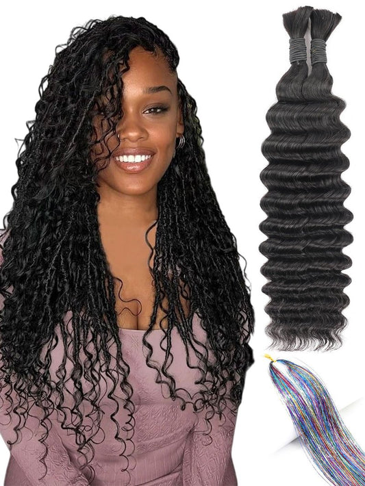 QUINARVVNA Human Braiding Hair 110g Deep Wave Bulk Boho Hair 2 Bundles/Pack 12A Wet and Wavy Curly Human Hair Extensions for Knotless Braids Bohemian Style Natural Color 16 Inch