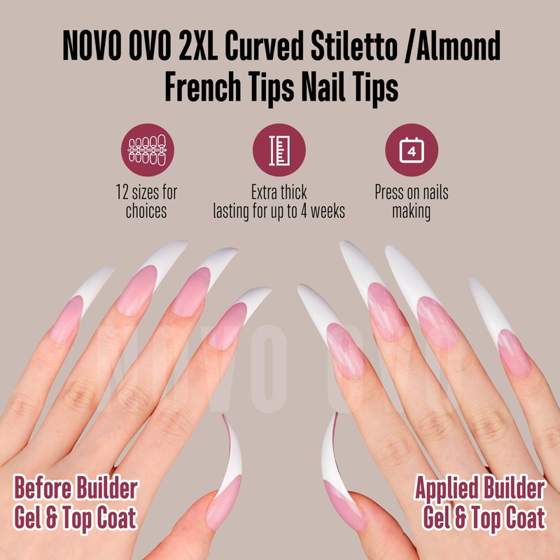 NOVO OVO Halloween XXL Curved Stiletto Almond French Tip Nail Tips Press on, BERRY PINK Full Cover Extra Thick Long XL Acrylic Hawk Curve Fake Extension Kit, Need Builder Gel, for DIY 12 Sizes 144 pcs