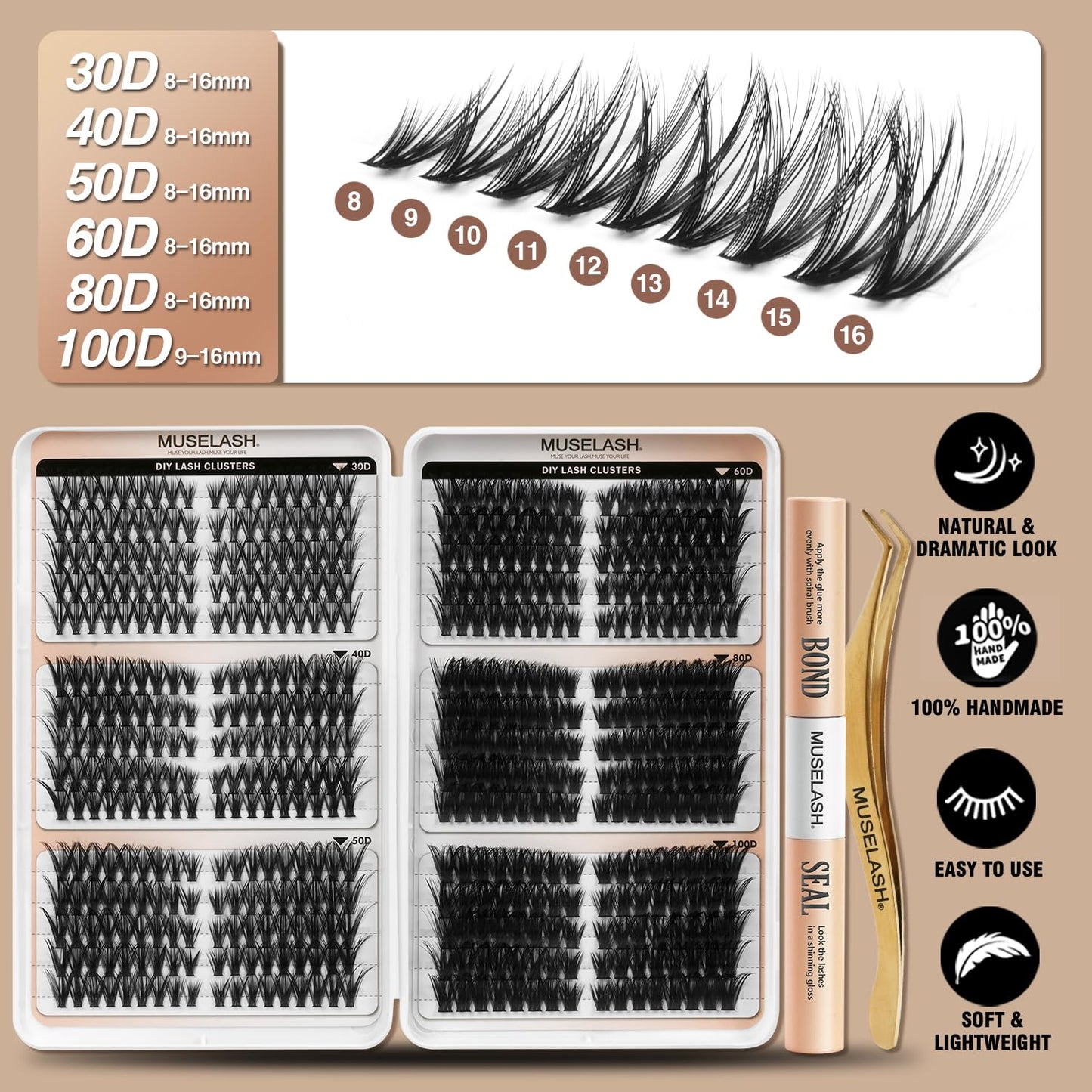 MUSELASH Lash Clusters Kit 530pcs Eyelash Clusters 30D-100D Pre Map Volume Cluster Eyelash Extensions Kit 8-16mm Mix Lengths Wispy Lashes Clusters Kit with Lash Bond and Seal Tweezers