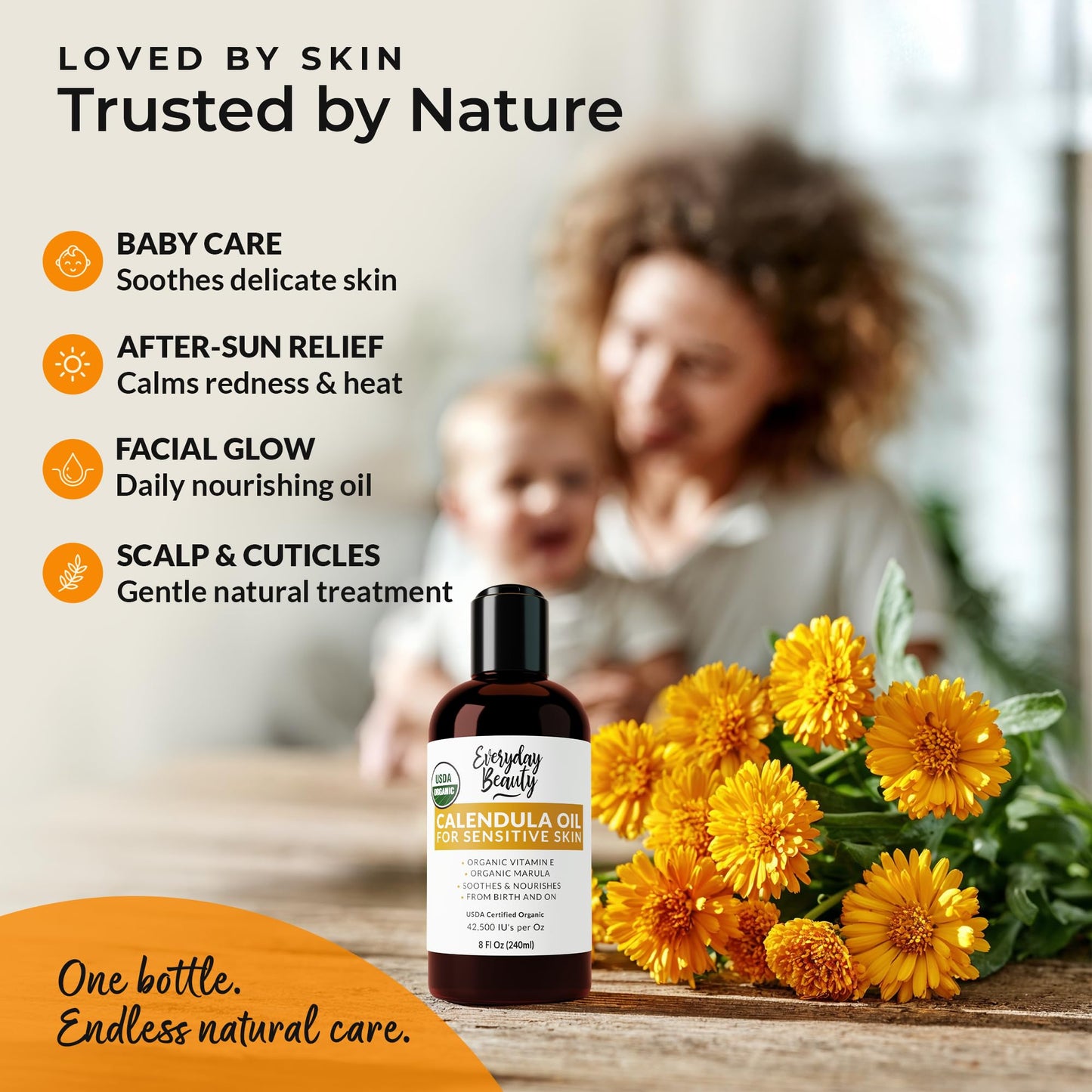 Organic Calendula Oil For Sensitive Skin -Bulk 8 Fl Oz- USDA Organic Certified 100% All Natural Plant Based, Lightweight & Unscented Gentle Soothing Oil For Sensitive Skin - For Face, Skin & All Over