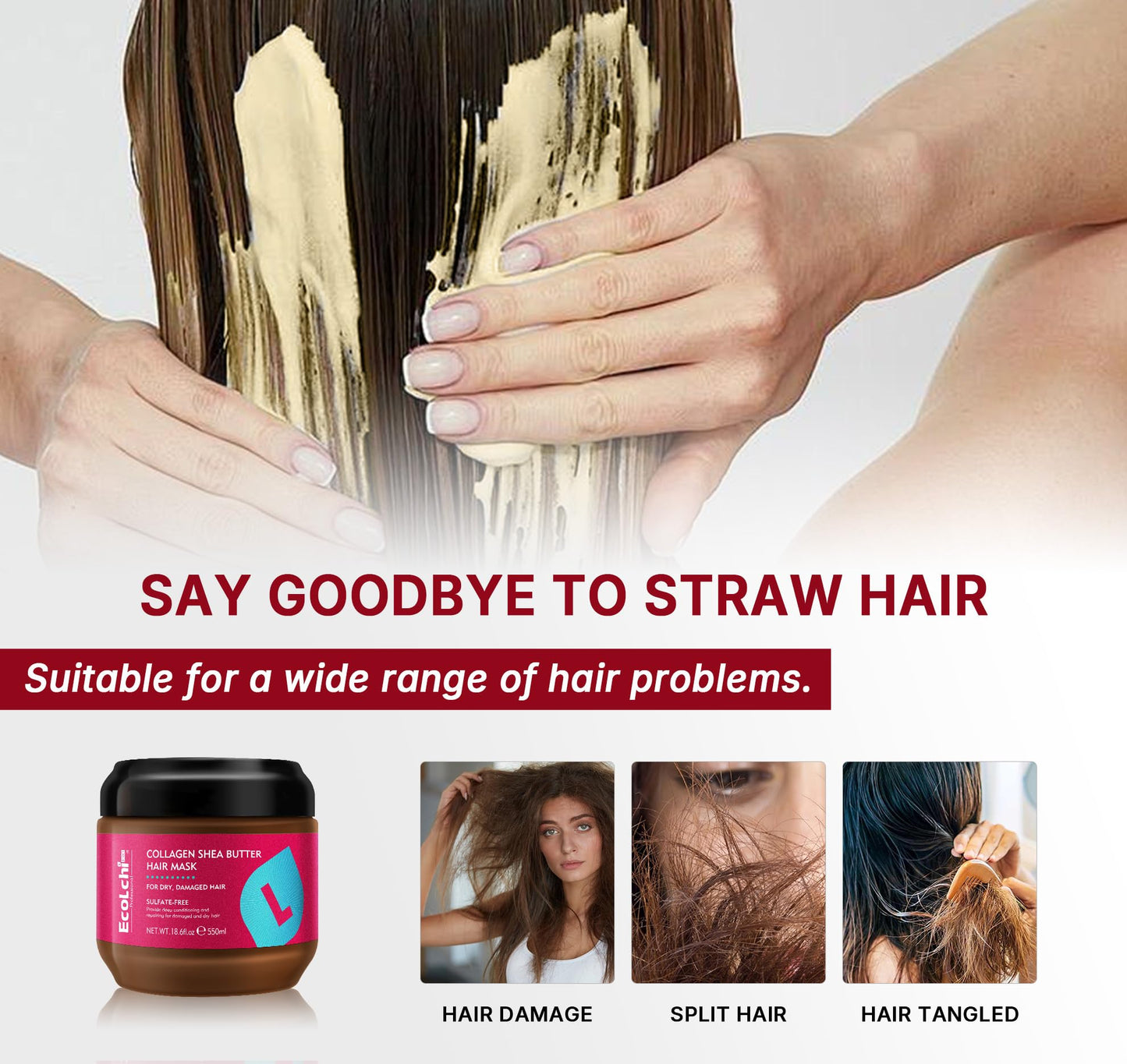 ECOLCHIPRO Collagen Shea Butter Hair Mask Deep Repair Conditioning Collagen Shea Butter Hair Treatment for Dry and Damaged Hair All Hair Types 18.6 oz 550ml