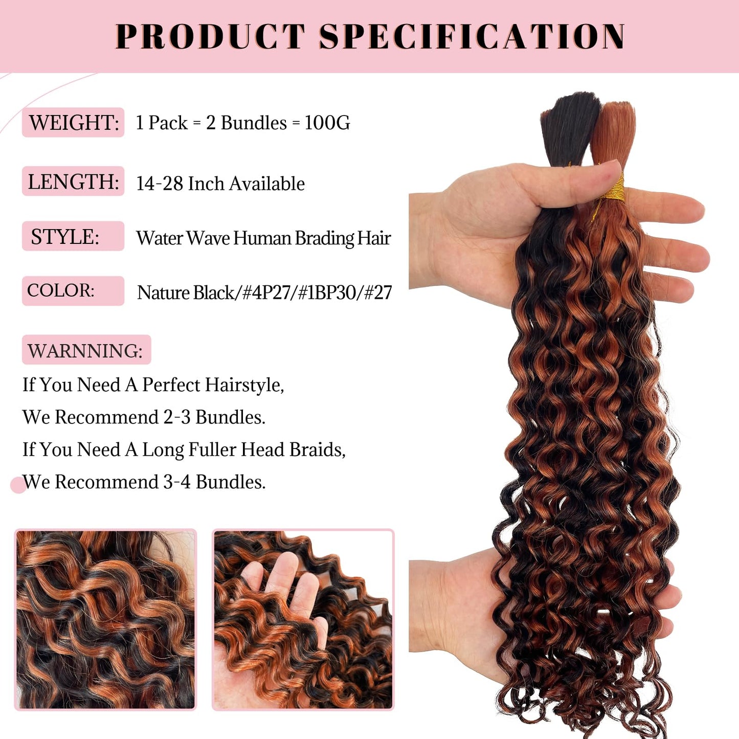 27P613 Human Braiding Hair Water Wave Ombre for Boho Braids Strawberry Blonde to Bleach Blonde 2 Bundles100g Bulk Human Hair Extensions 10A Brazilian Highlight Curly No Weft Micro14Inch