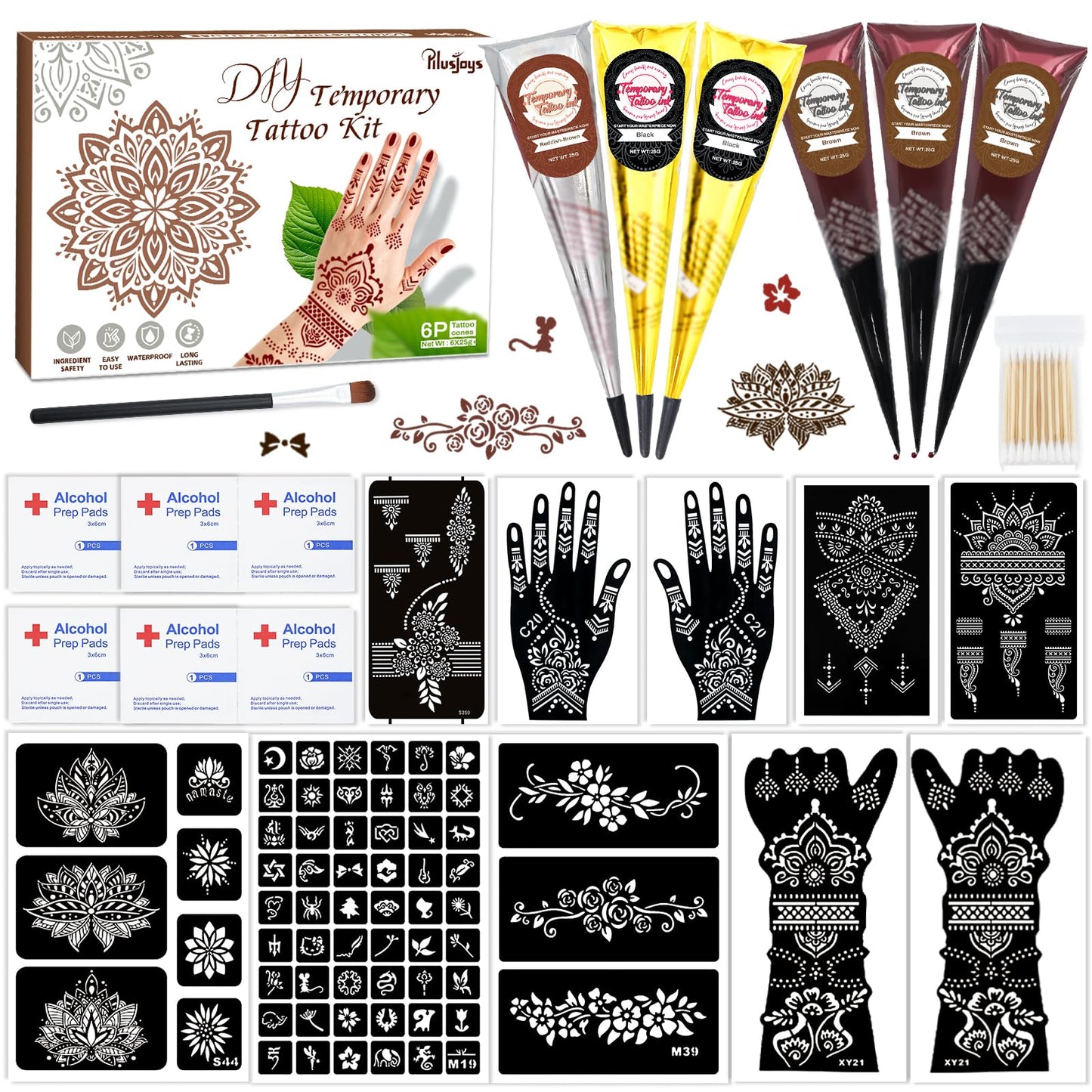 Temporary Tattoo Stencil Kit 10 Sheets, 6 Pcs Tattoo Cones 3 Color (Black/Brown/Cherry Red) with Brush/cotton swabsTool, Art Skin Painting Designs for Women Men DIY Gifts