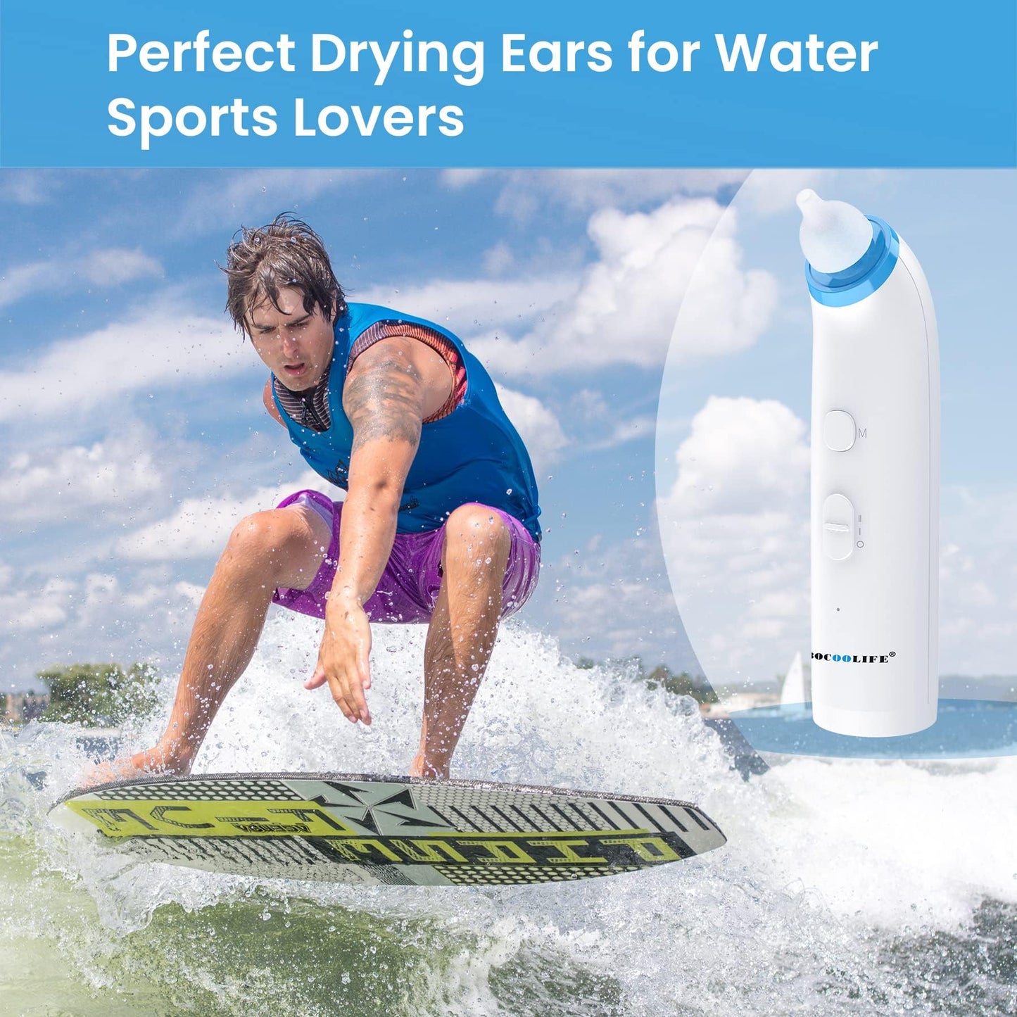 BOCOOLIFE Ear Dryer Ear Moisture Water Removal with 7 Ear Tips, Ear Drying Device, Electronic Warm Air Ear Water Remover for Swimmers, Showering, Water Sports, Surfing, Scuba Ear Dryer Machine