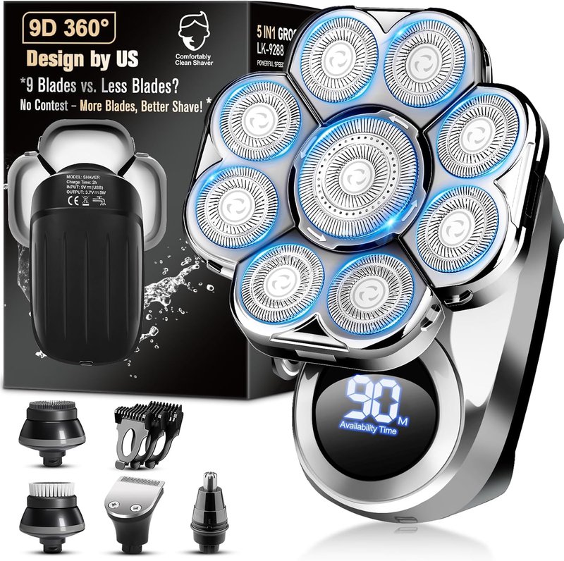 Electric Head Shaver for Bald Men - 9D Waterproof Grooming Kit | Cordless Rechargeable, 5-in-1 Design