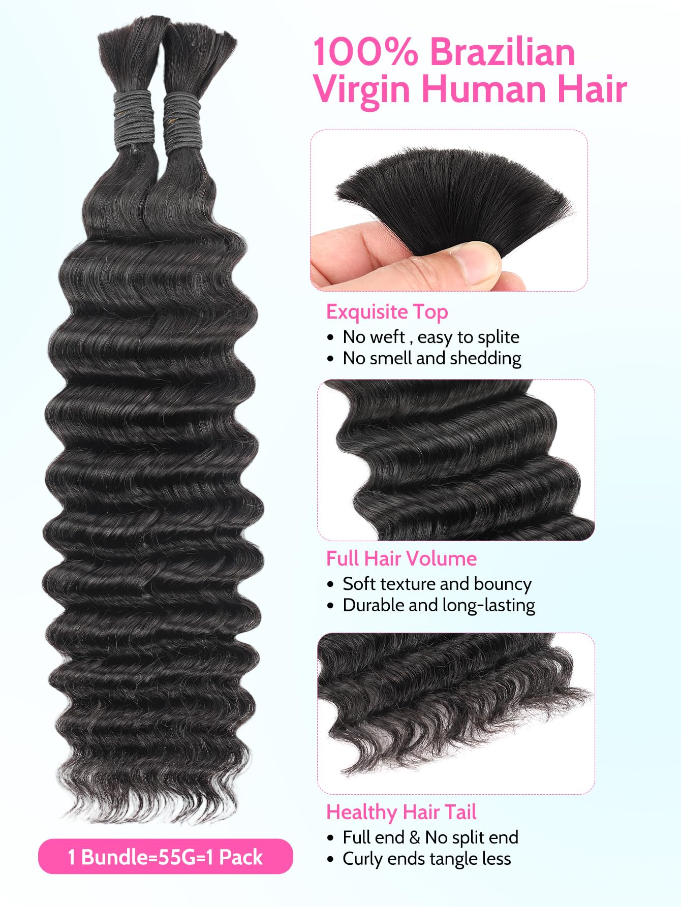 QUINARVVNA Human Braiding Hair 110g Deep Wave Bulk Boho Hair 2 Bundles/Pack 12A Wet and Wavy Curly Human Hair Extensions for Knotless Braids Bohemian Style Natural Color 16 Inch