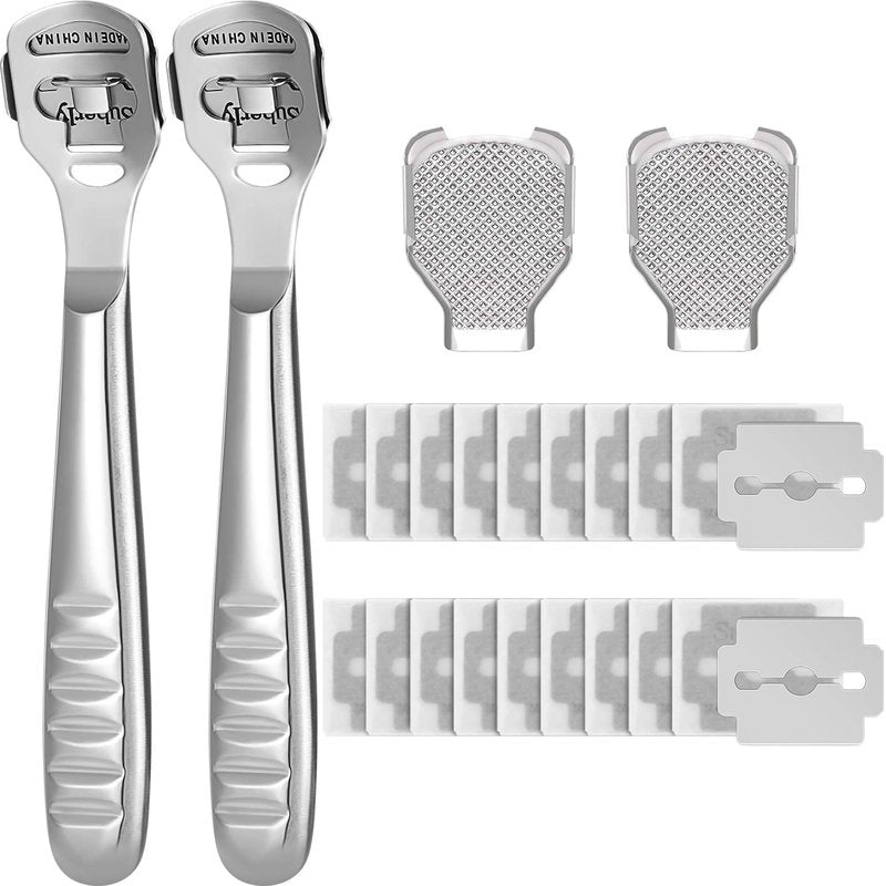 24 Pieces Callus Shaver Set, 20 Replacement Slices Blades 2 Callus Shavers and 2 Foot File Head Foot Care Tools Steel Handle Hard Skin Remover for Hand Feet (Grooved Handle)