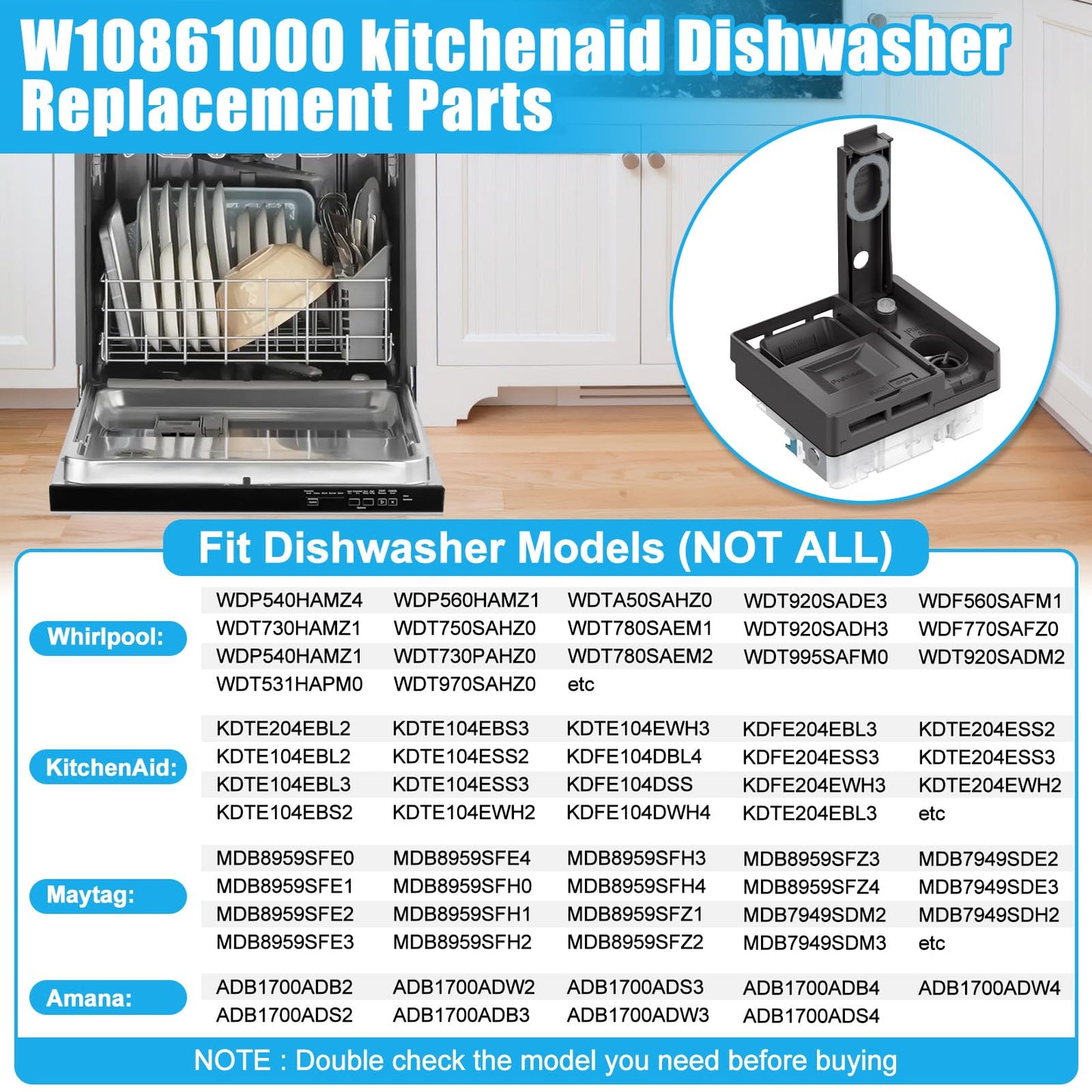 UPGRADED W10861000 W10620296 Dishwasher Detergent Dispenser WDT750SAHZ0 WDT970SAHZ0 Whirlpool Maytag KitchenAid Dishwasher Detergent Dispenser WDT730PAHZ0 Soap Dishwasher Dispenser Replacement Parts