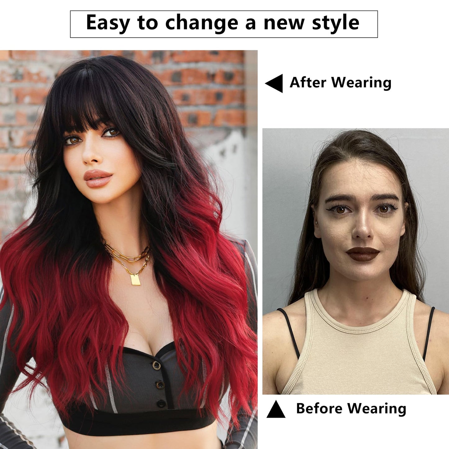 7JHH WIGS Long Wavy Wigs with Bangs 25in Black Ombre Red Synthetic Wig Heart Resiatant Wigs for Women Daily Party Cosplay Used