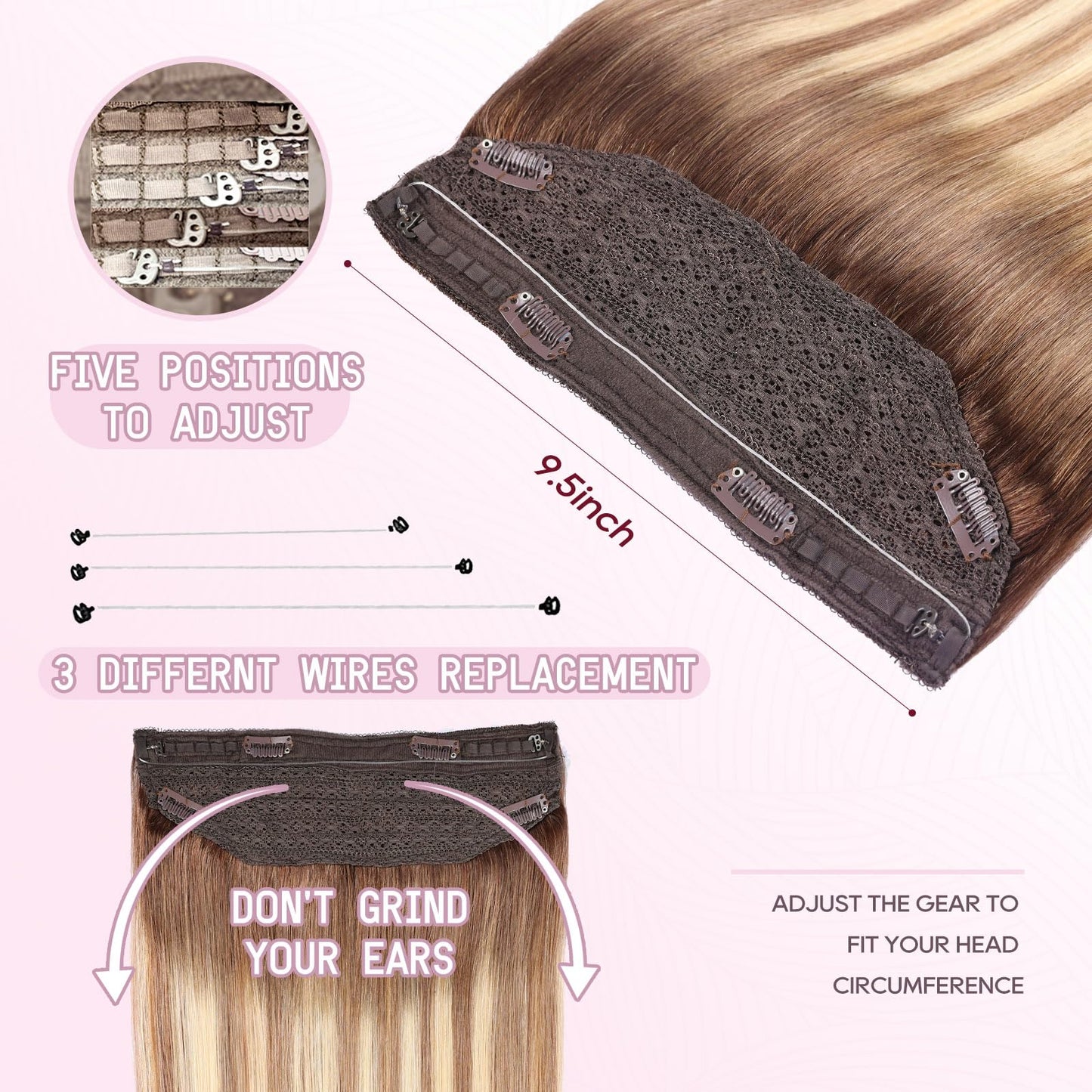 Halo Hair Extensions - Dark Brown to Gold Blonde and Bleach Blonde Adjustable Size Removable Secure，Halo Extensions Real Human Hair, 3/8/22 70g 14Inch