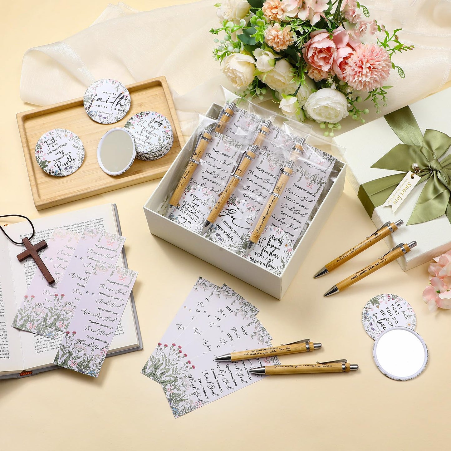 Dinifee 30 Sets Christian Gifts Bulk for Women Bible Verse Pen Flower Mini Compact Mirrors Floral Makeup Mirrors Inspirational Religious Gifts for Church Womens Ladies Sunday School