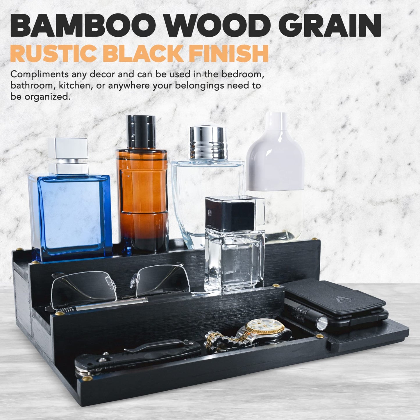 Manzano Essentials Cologne Organizer for Men, Bamboo Wood 4 Tier Display Stand with 2 Hidden Compartments, Perfume, Vanity, Dresser, EDC Organizer, Rustic Black