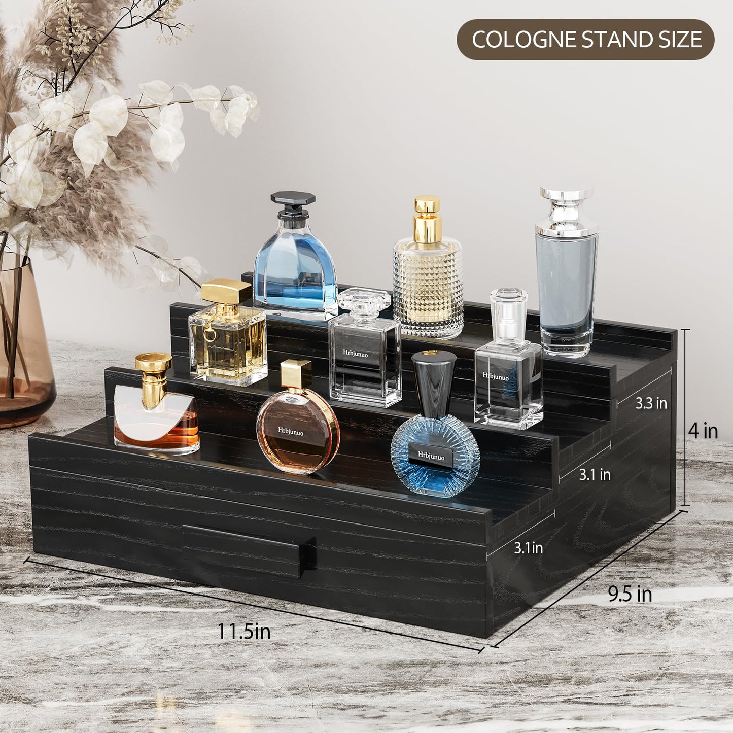Hrbjunuo Solid Walnut Cologne Organizer for Men,3 Tier Cologne Stand,Wooden Cologne Holder Display Shelf with Drawer Storage and Hidden Compartment,Black Perfume Stand Organizer,Gifts for Men Husband