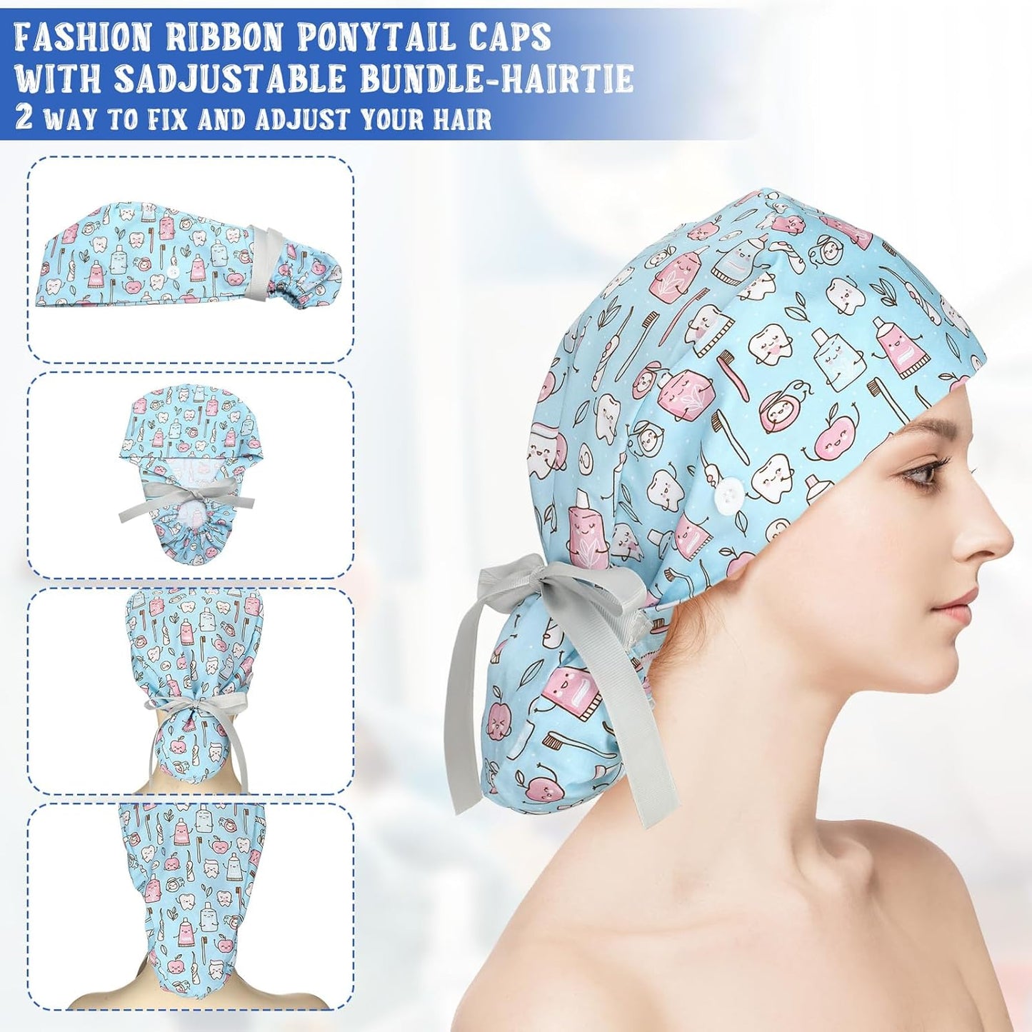 Nurse Caps for Women - Adjustable Bouffant Dental Scrub Hats | 6 Pcs Set in Various Colors