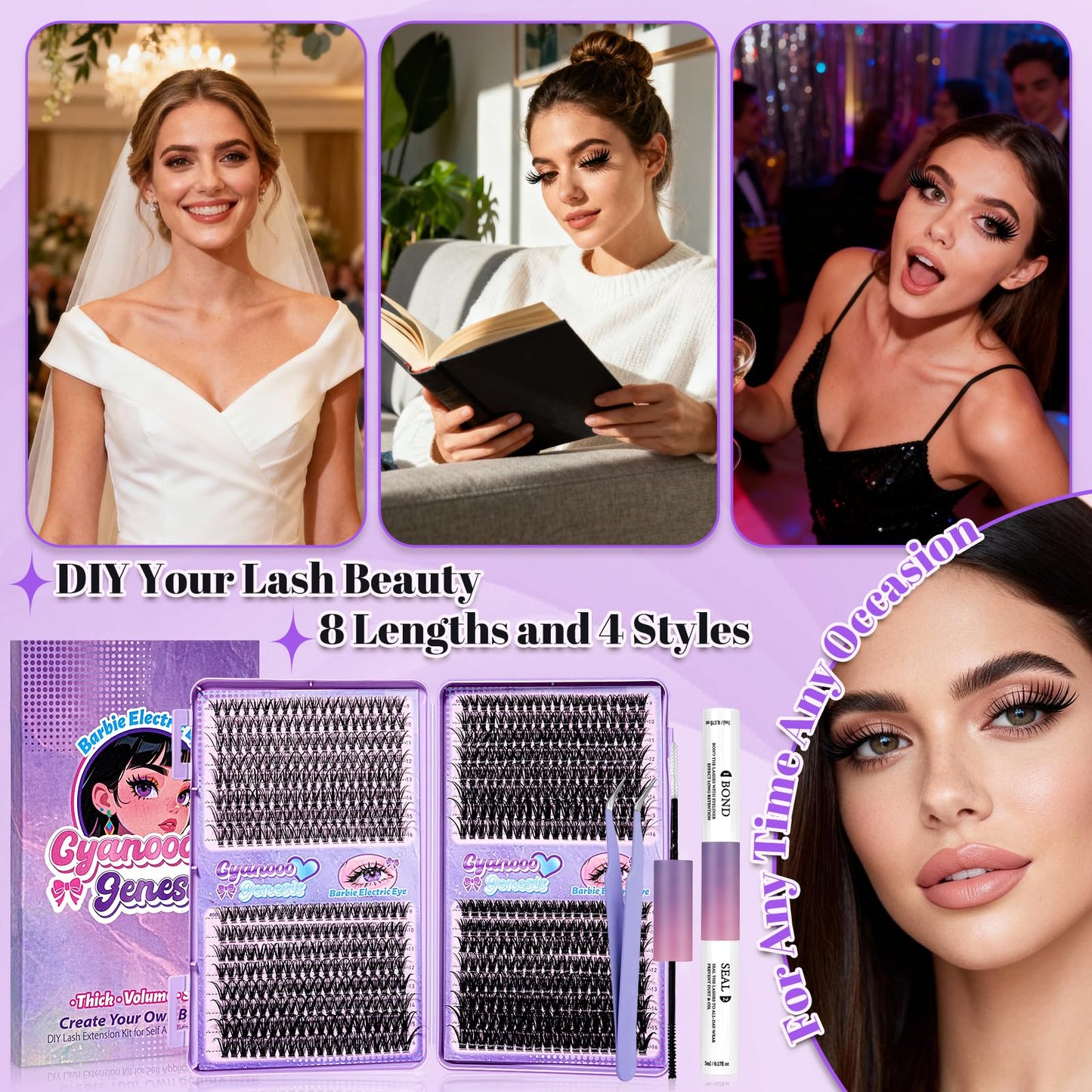 Lash Clusters Kit 640pcs 30D 40D 50D 60D D Curl 9-16mm Individual Lashes Fluffy Wispy Lightweight Thin Band DIY Eyelash Extensions with Bond and Seal + Tweezers for Beginners At Home Natural Full Look