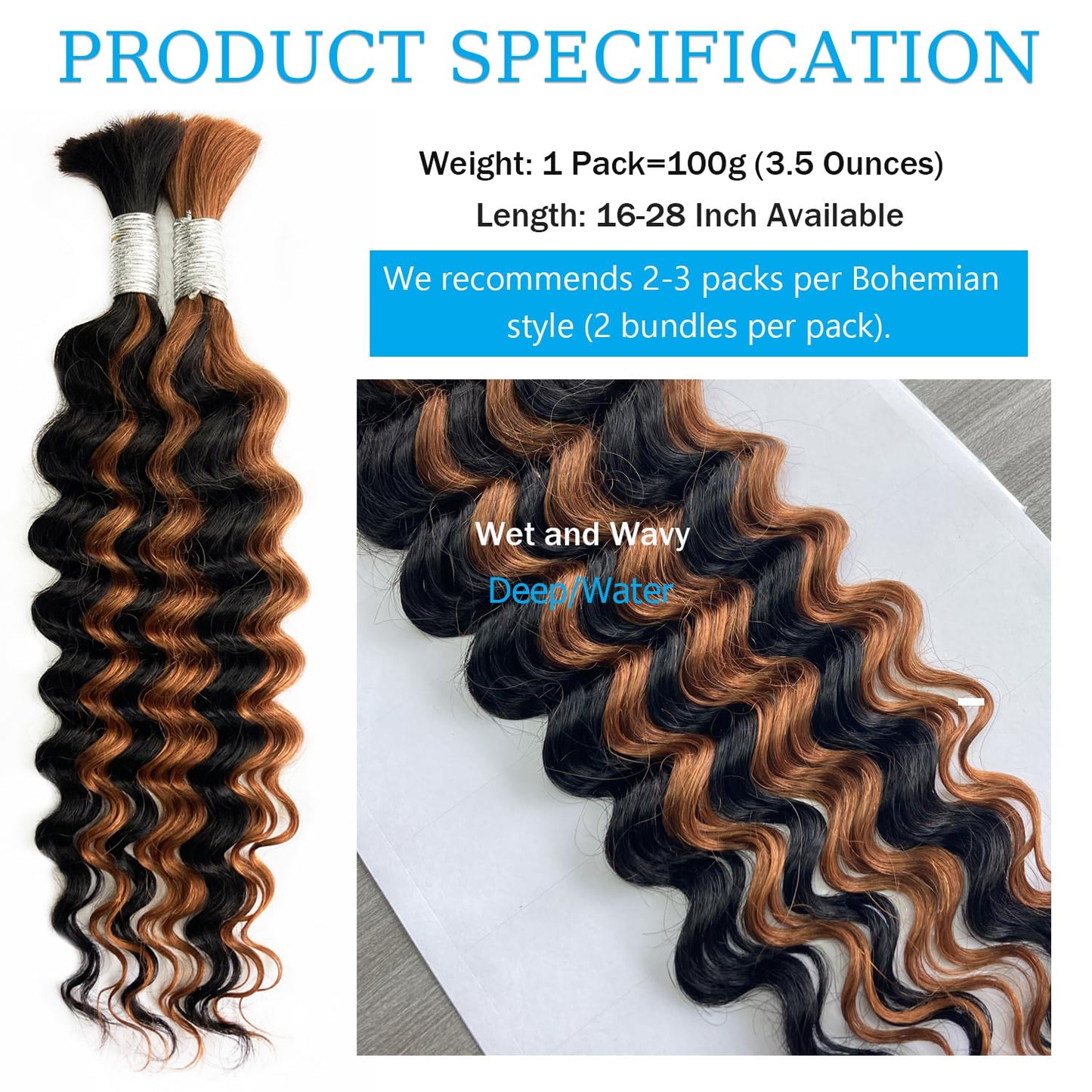 Human Braiding Hair For Boho Braids 16 Inch 4# Chocolate Brown Human Hair Braiding Hair Deep Wave Bunlk Human Hair For Braiding