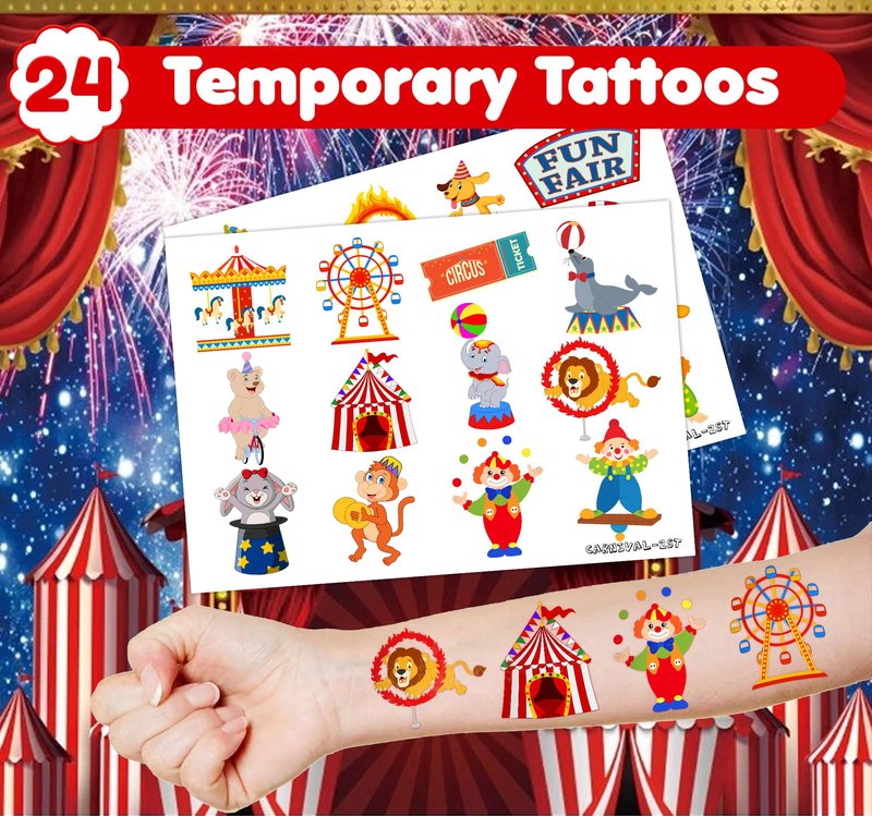 36PCS Carnival Party Favors - 24PCS Temporary Tattoos & 12PCS Stamps - Ideal Circus Clown Themed Birthday Card Decorations Supplies Goodie Bag Cute Rewards for Boys Girls Classroom Gifts Prizes