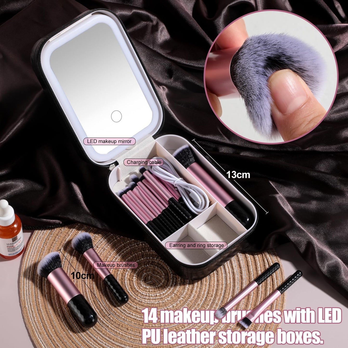 BS-MALL Makeup Brushes Set 14 Pcs with LED Light Mirror – Premium Cosmetic Tools for Flawless Beauty Routines (Black)