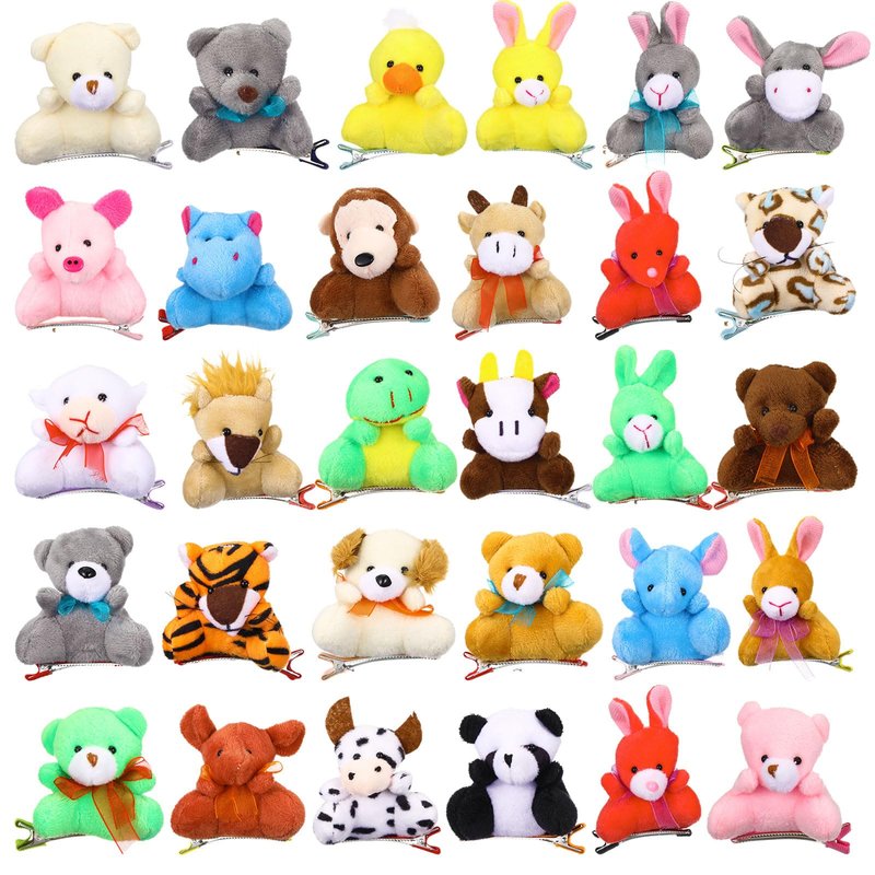 Luinabio 30 Pcs Plush Animal Hair Clips Rave Trinkets for Festival Valentines Gift Goodie Bags No Candy Treat Cute Small Animals Plush Hairpins Funny Hair Accessories for Women Rave Party