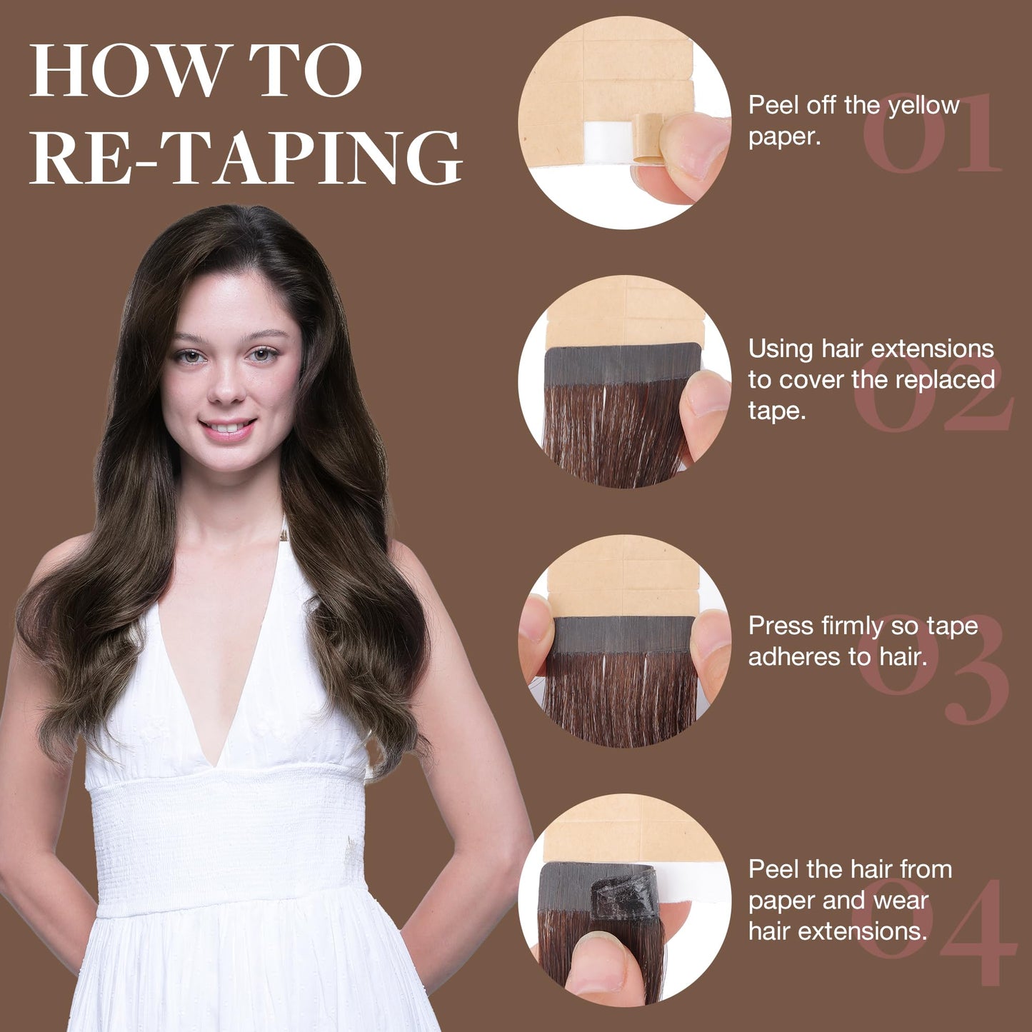 GOO GOO Tape in Hair Extensions Human Hair, 4A Chocolate Brown, 20inch 50g 20pcs, Skin Weft Seamless Invisible, Silky Straight with Thick Ends, Remy Human Hair