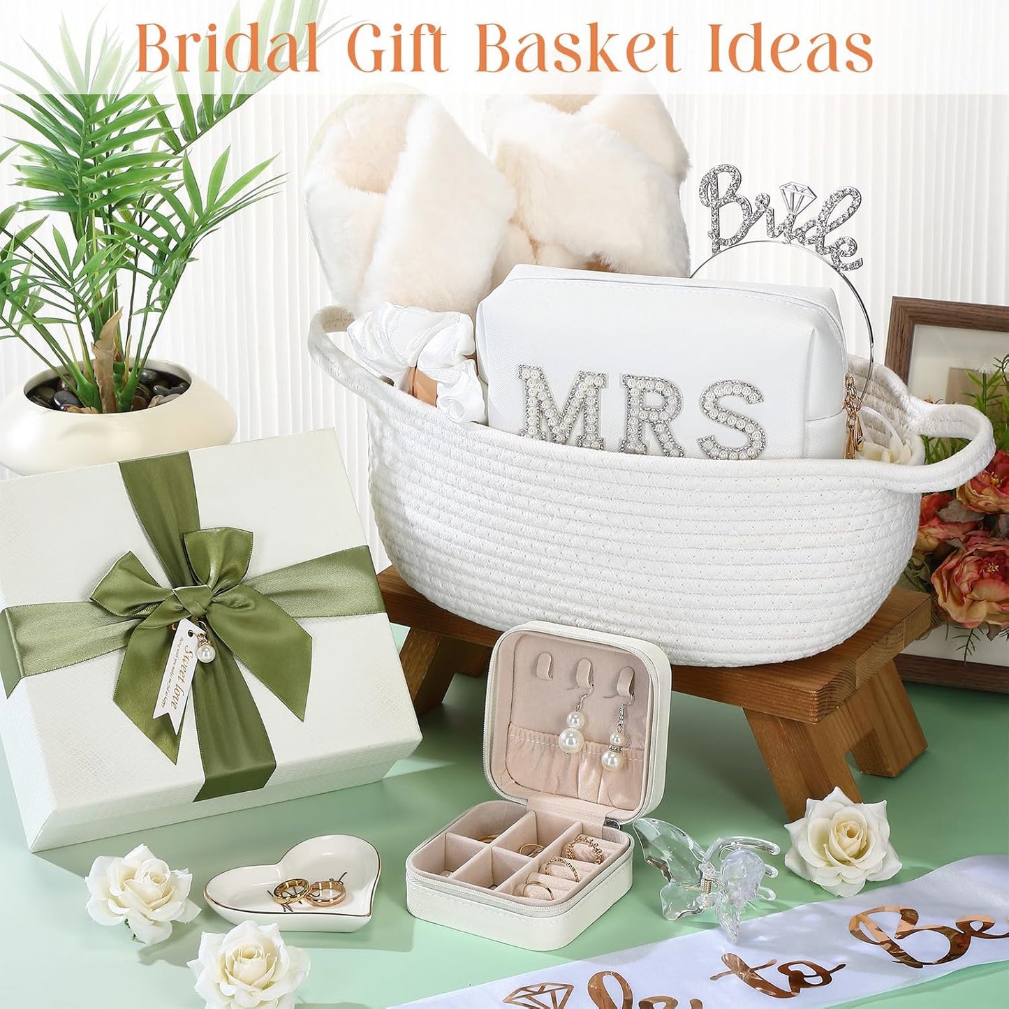 Bride To Be Gift Basket - 17 Pcs Bridal Shower Set with Makeup Bag, Slippers, Sash & More | White