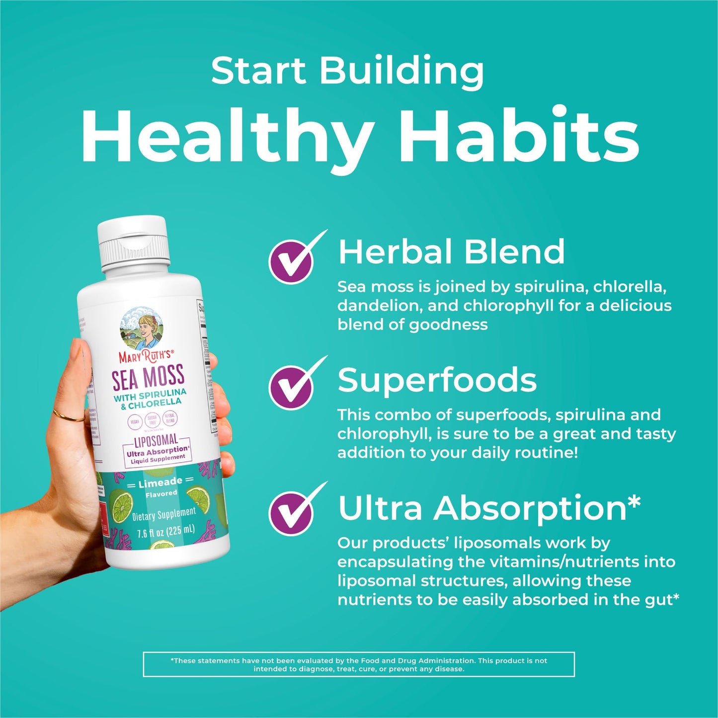 MARYRUTH'S Organics Sea Moss with Spirulina and Chlorella Liposomal | Chlorophyll | Dandelion Root | Superfood | Ultra Absorption | Vegan | Non-GMO | Gluten Free | 7.6 fl oz | 15 Servings