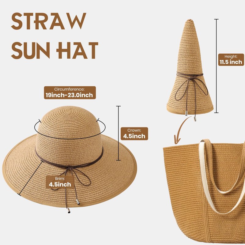Sun Hats for Women, Straw Hats UPF 50+ UV Sun Protection, Wide Brim Packable Foldable Bowknot Womens Beach Hat for Summer Travel Khaki