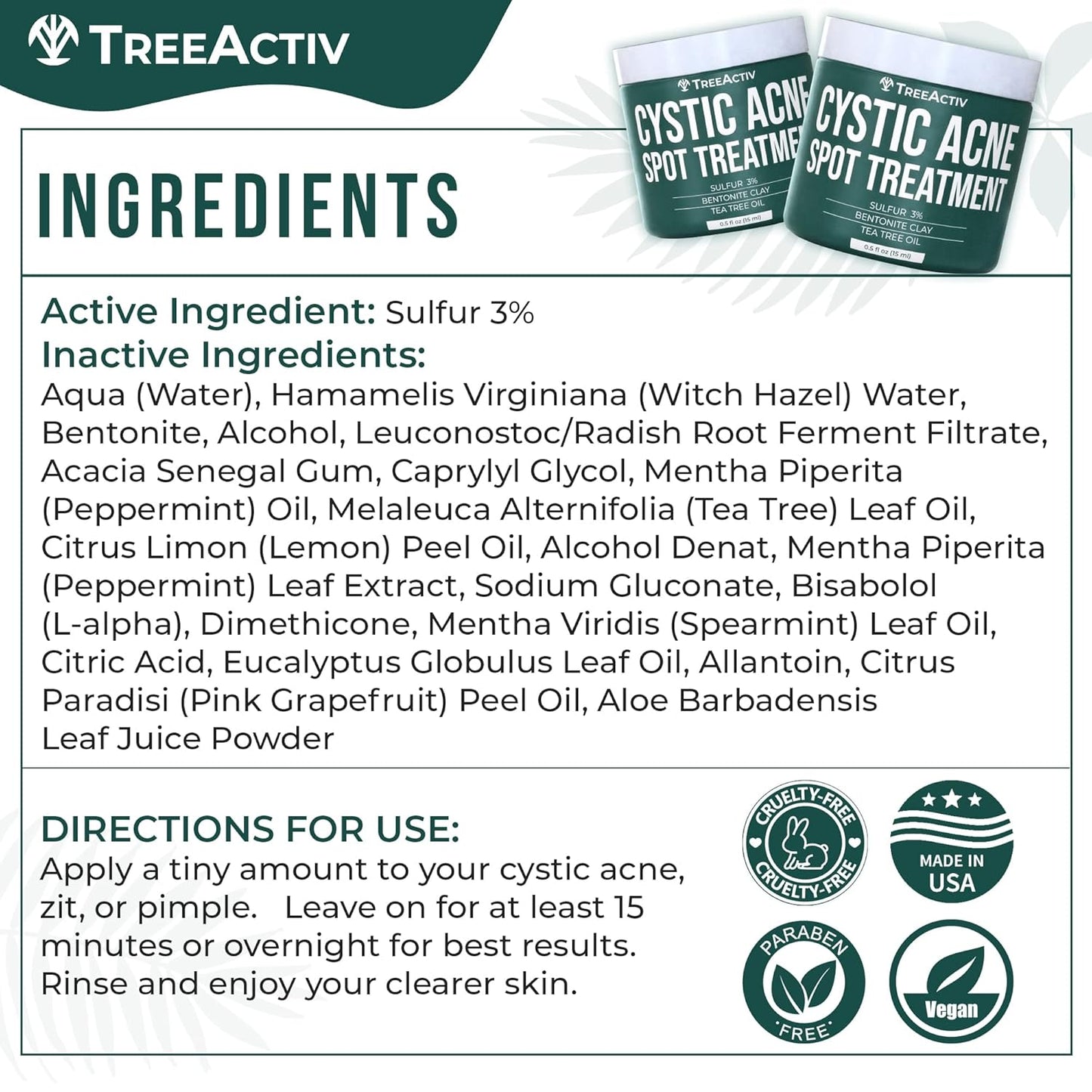 Cystic Acne Spot Treatment Paste - Sulfur & Tea Tree Oil | 0.5 oz for Deep Breakouts