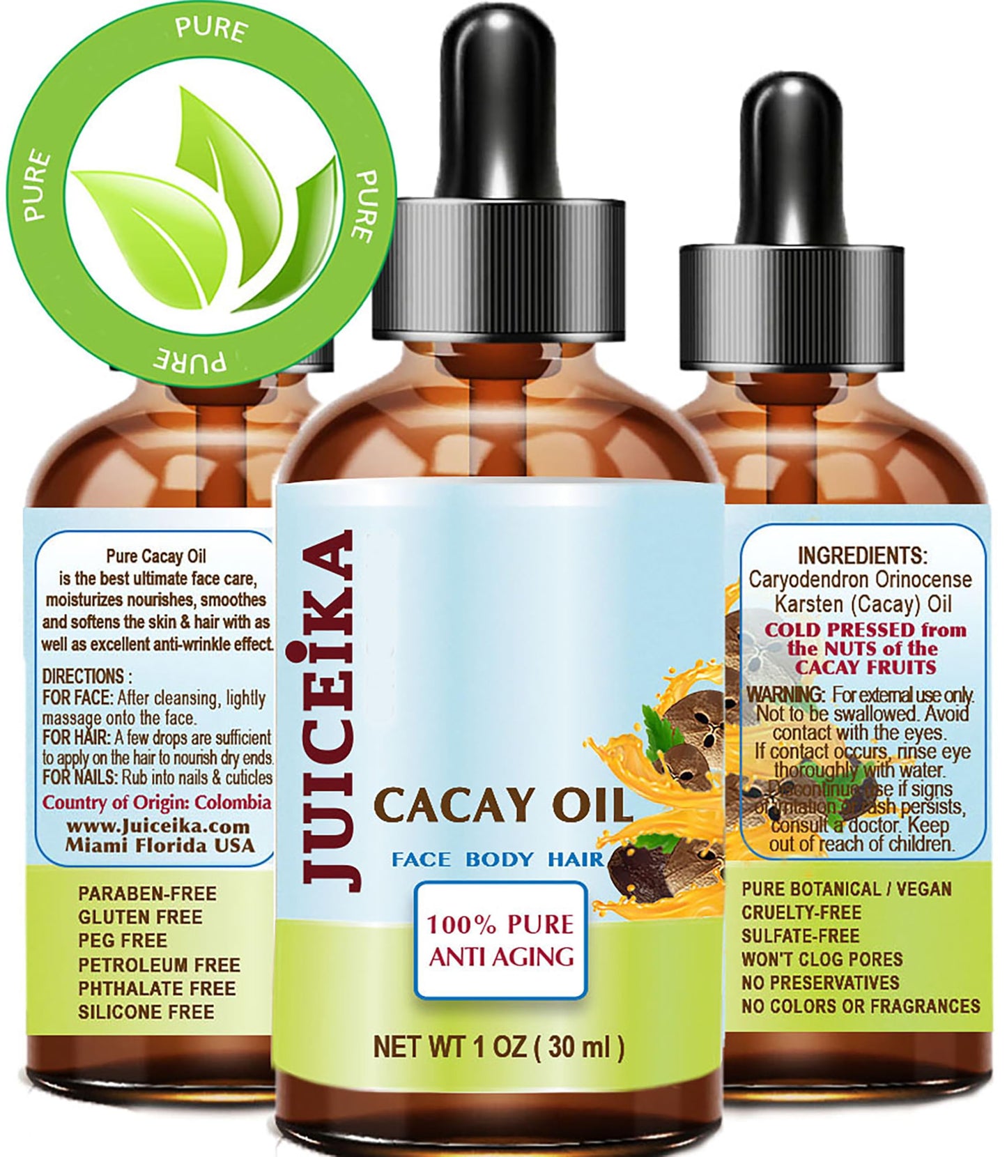 Juiceika CACAY OIL 100% Pure Natural Virgin Unrefined Cold-Pressed Carrier Oil 1 Fl oz 30 ml For Face, Skin, Body, Hair, Lip, Nails