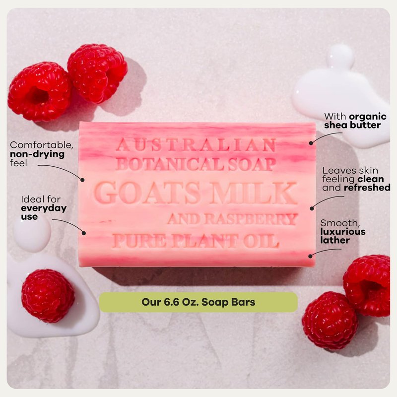 Australian Botanical Goats Milk Soap and Raspberry, 6.6 OZ, Triple Milled Bars made with a Natural Soap Base and Enriched with Organic African Shea Butter, Pack of 8