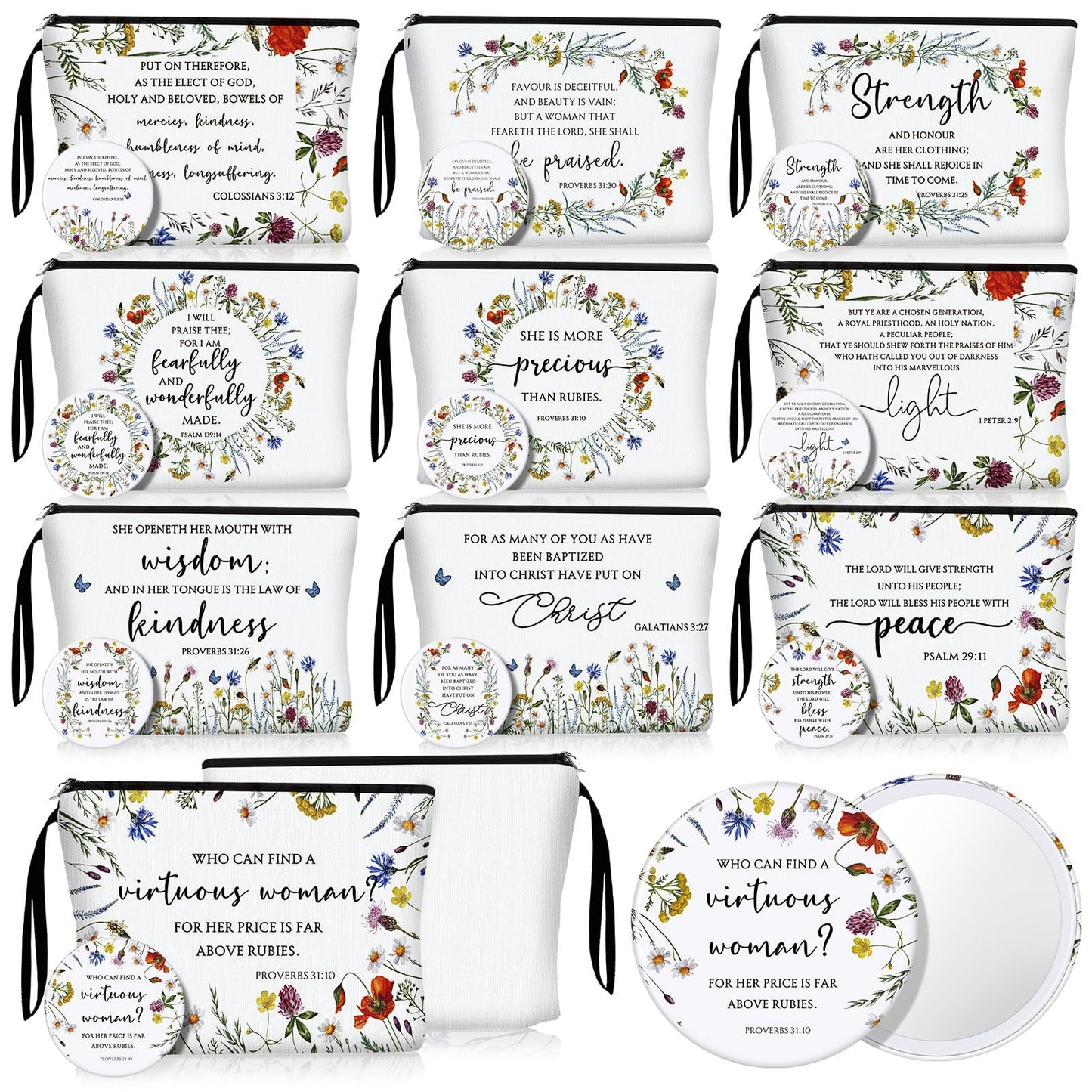 Kacctyen 20 Sets Christian Makeup Bag Bulk Christian Gift for Women Religious Pocket Compact Mirror Inspirational Bible Pencil Pouch with Zipper for Coworker Church Member (Classic)