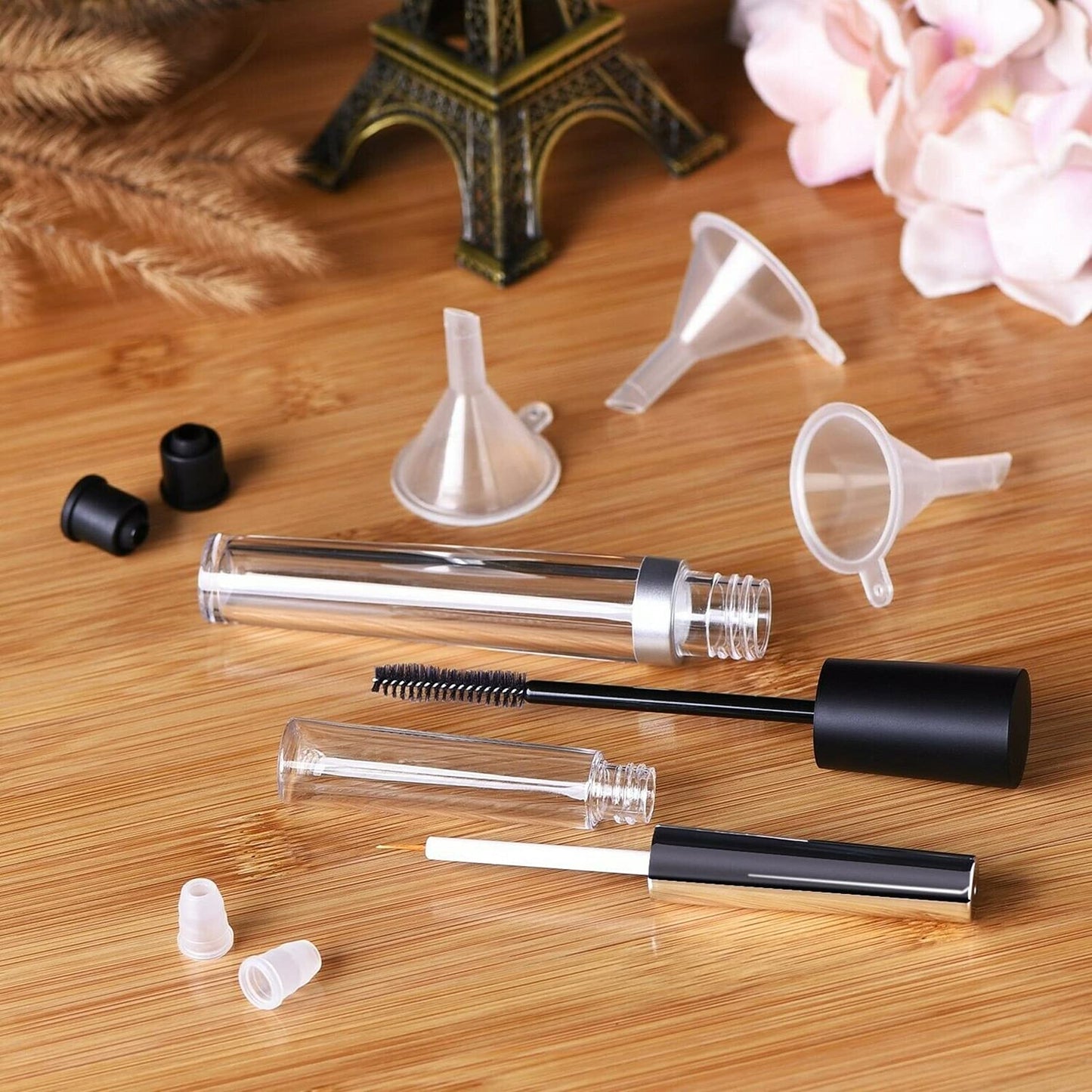 Empty Eyelash Mascara Tube and Eyeliner Wand, 8ml Mascara Tube Wand Eyelash Container Bottle, 7ml Empty and Eyeliner Tubes Transparent 4 Packs with Rubber Inserts, Funnels for DIY Castor Oil