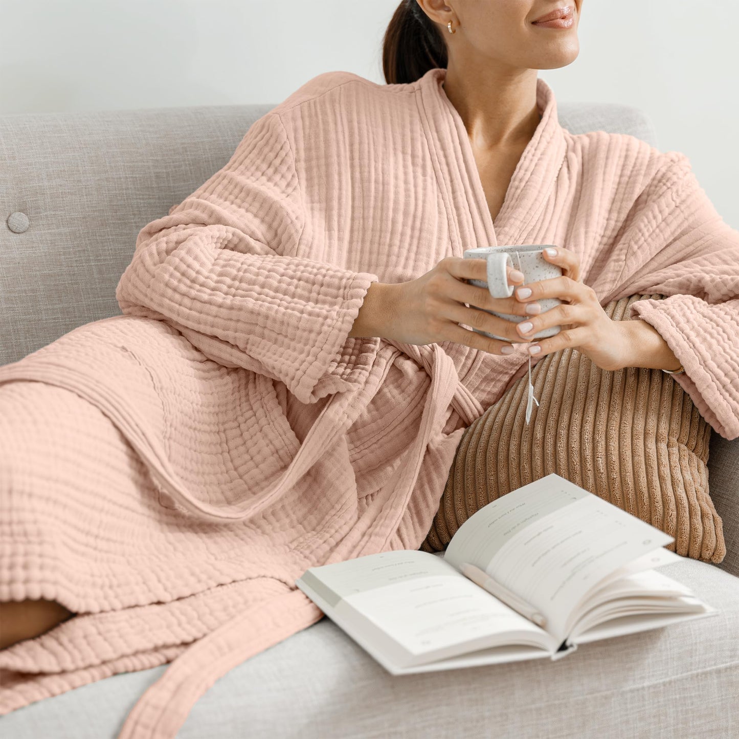 Comfy Cubs 100% Cotton Muslin Bathrobe - 4-Layer Absorbent Robe with Pockets & Belt for Bath, Spa, or Lounging