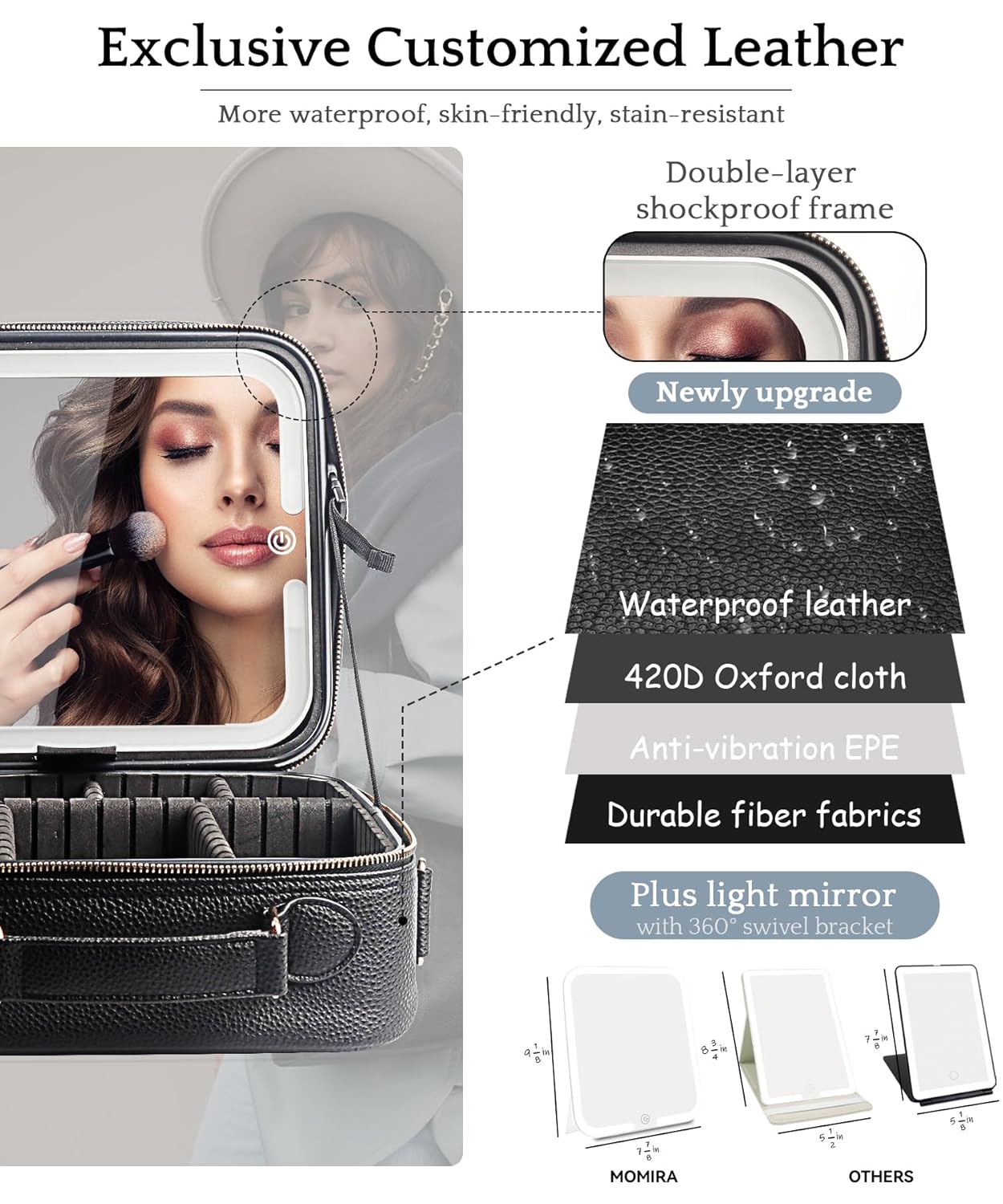 Travel Makeup Bag with Lighted Mirror - Adjustable Brightness, Waterproof Design | Black