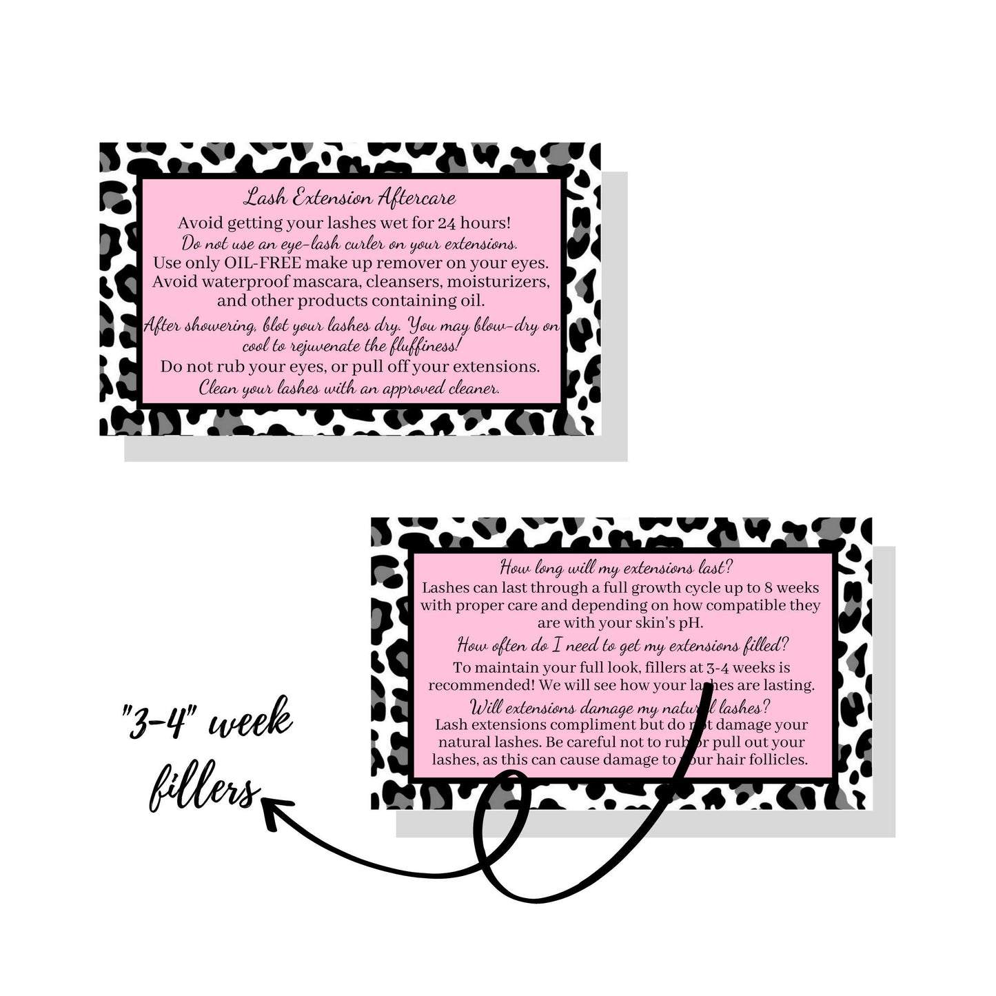 Lash Extension Aftercare Instructions Cards | Package of 50 | Leopard Print with Pink Inlay Design Double Sided Size 3.5 x 2" inches After Care (3-4 Week Fillers)