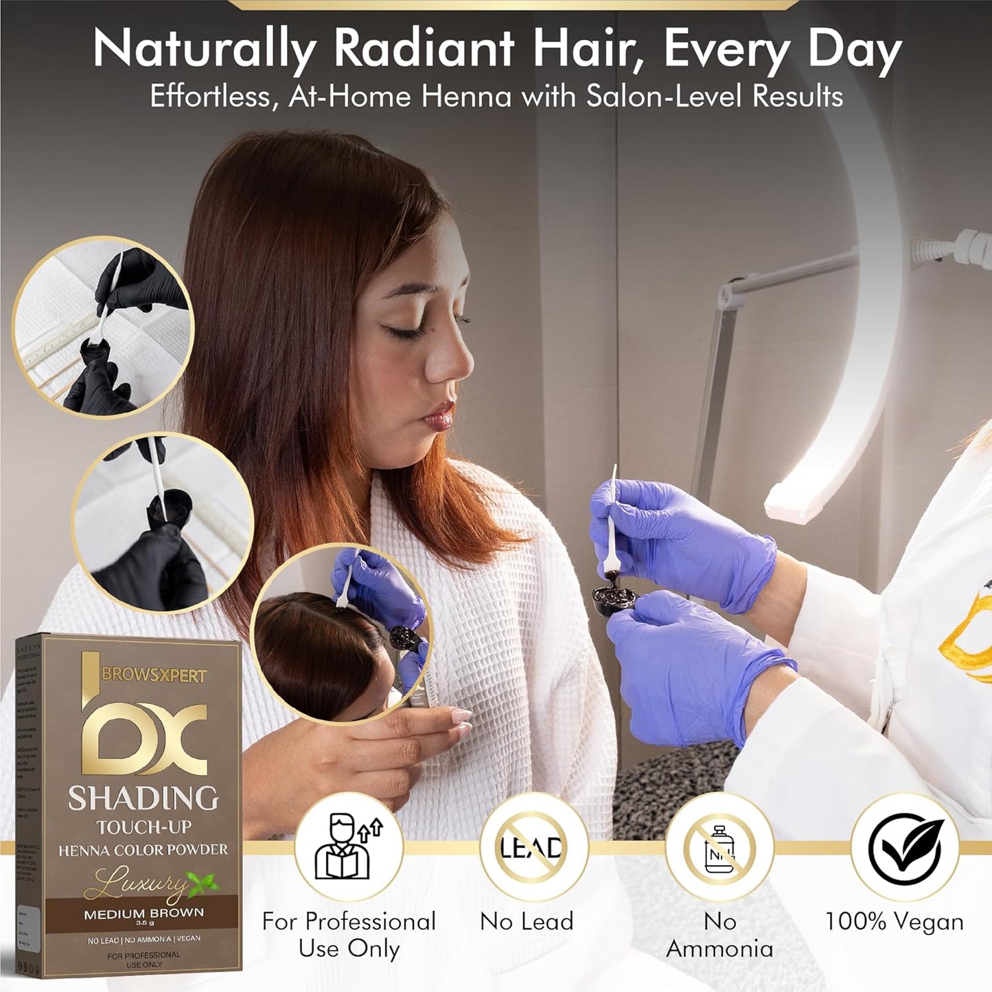 BROWSXPERT Professional Shading Touch-Up Kit - Herbal Henna Color Powder with Mixing Dish & Brush | 3.5g | Medium Natural Brown