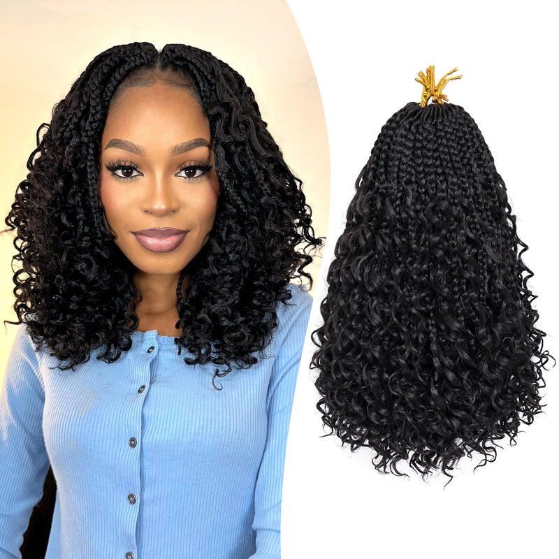 Goddess Box Braids Crochet Hair for Woman 12 Inch 7 Packs Short Pre-looped Crochet Box Braids Curly Ends Bohemian Hippie Braids Synthetic Braiding Hair Extension Natural Black 1B