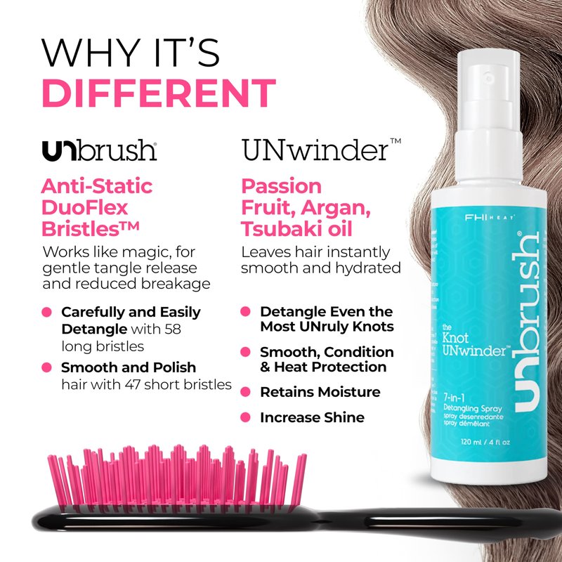 FHI Heat UNbrush Detangling Brush and UNwinder Detangling Spray Combo Pack - Tangle-Free Hair, Pain-Free Brushing, Anti-Static Bristles, Lightweight Hair Brush, Cherry Blossom