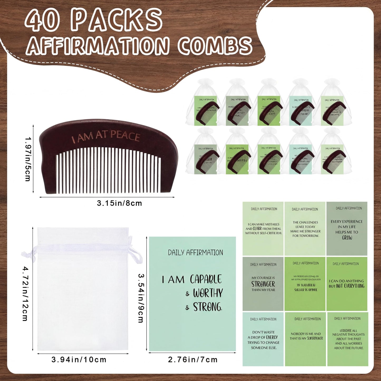 Yiyiring 40 Sets Birthing Comb Labor Pain Labor Combs with Affirmation Card for Pregnant Women Wooden Engraved Stress Bitrh Relief Comb for Delivery Support Relief Self Care New Mom Gifts